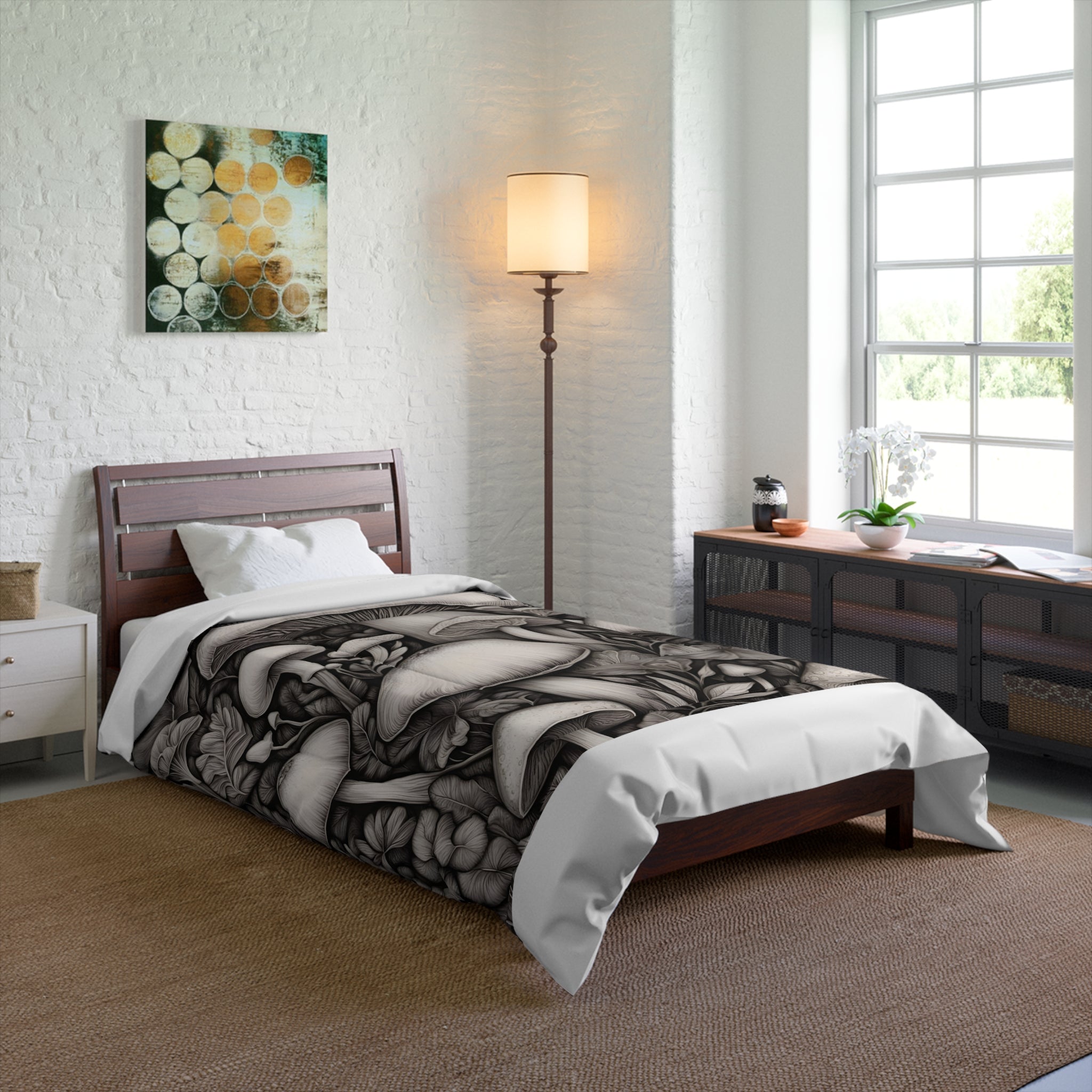 Comforter: Mushroom Garden Comforter – Monochrome Botanical Fungi Bedding
