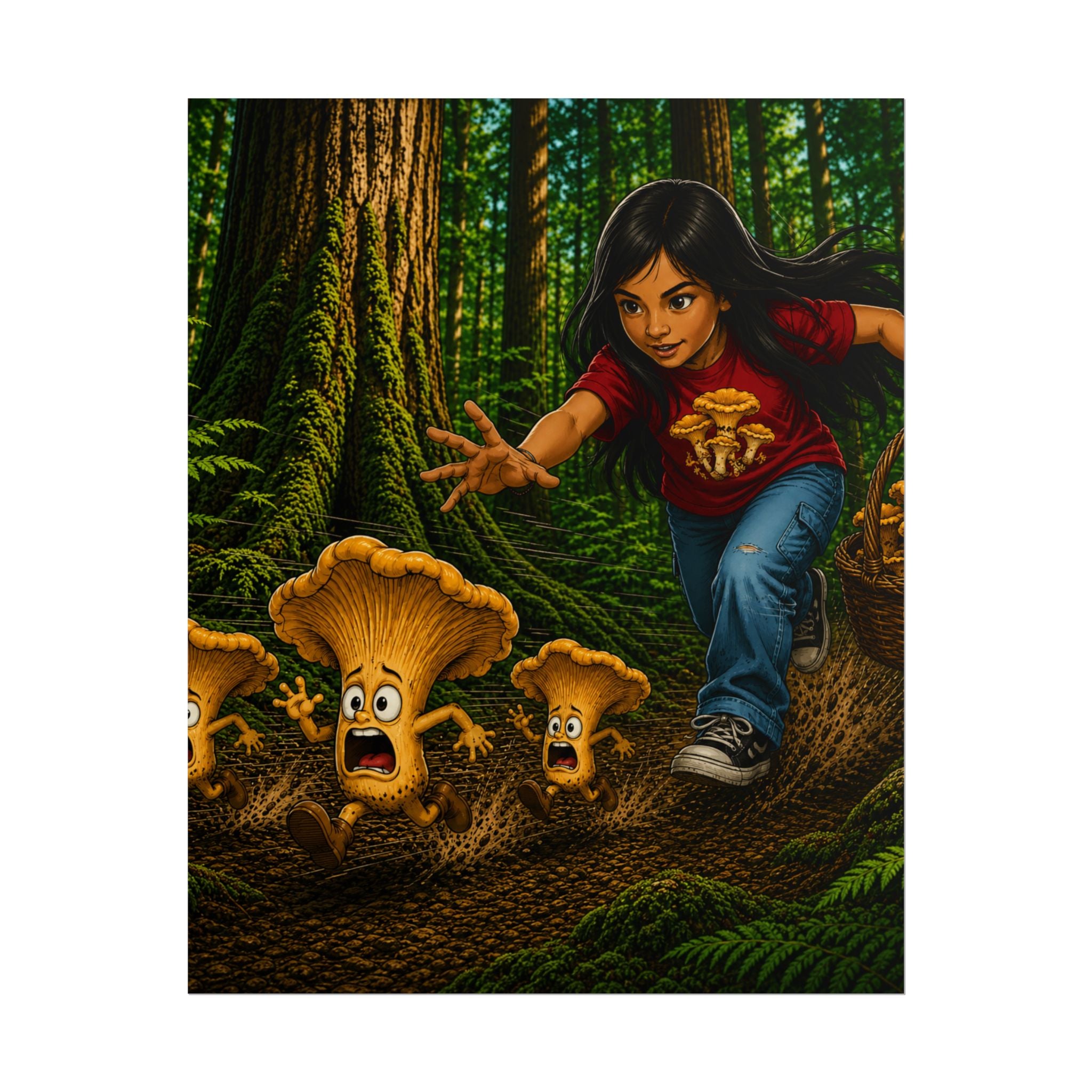 Rolled Poster: Girl Chasing Animated Mushrooms Forest Art Print