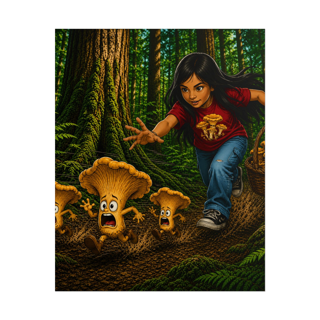 Rolled Poster: Girl Chasing Animated Mushrooms Forest Art Print