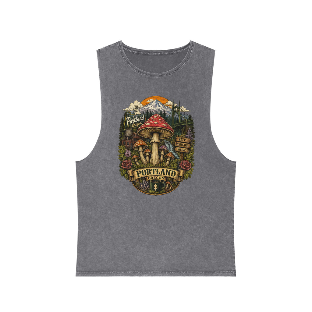 City: Portland Tank Top: Mushroom Graphic Tank — Stonewash Vintage Nature Tank Top