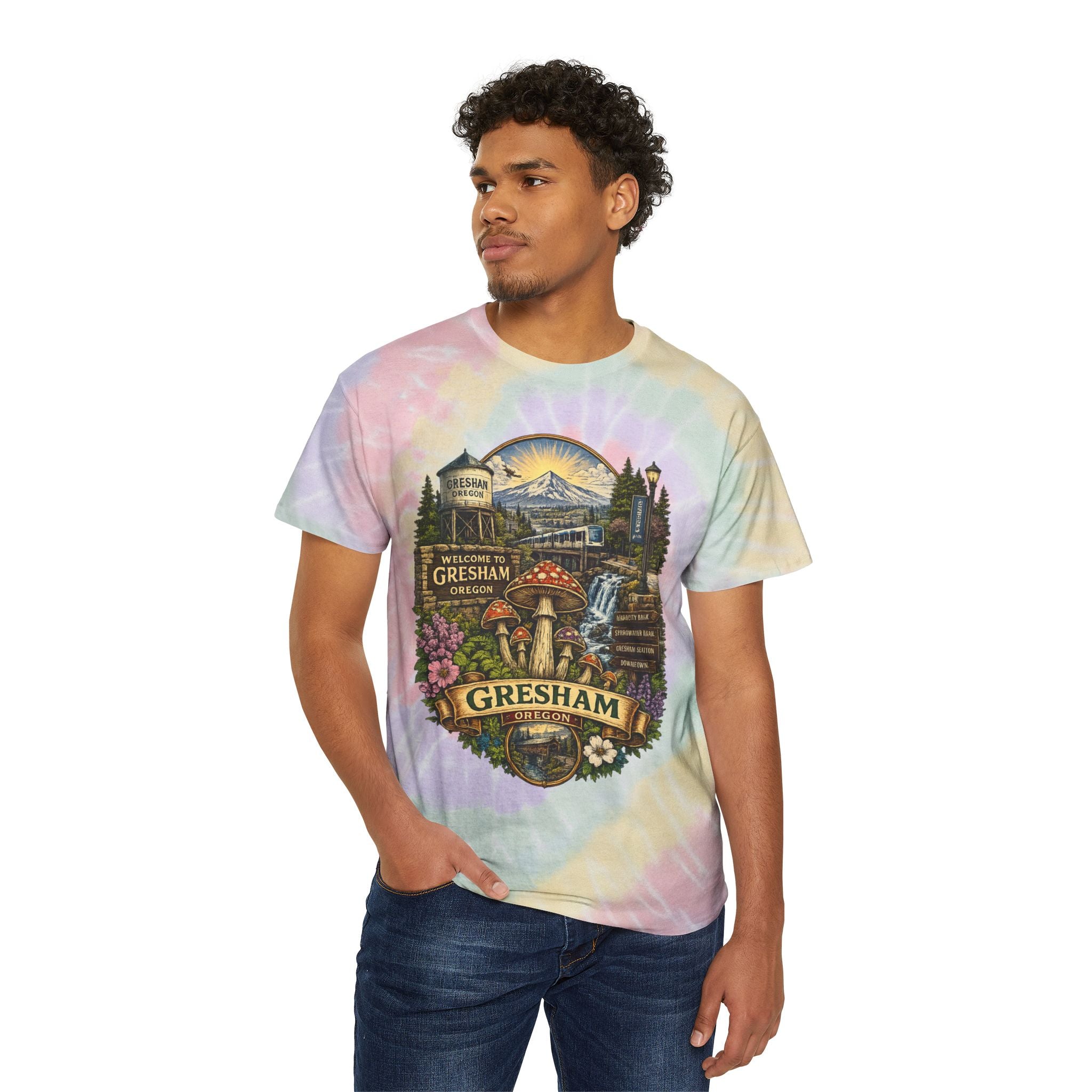 City: Gresham Oregon Spiral Tie-Dye Tee — Vintage Mushroom & Farmers Market Graphic