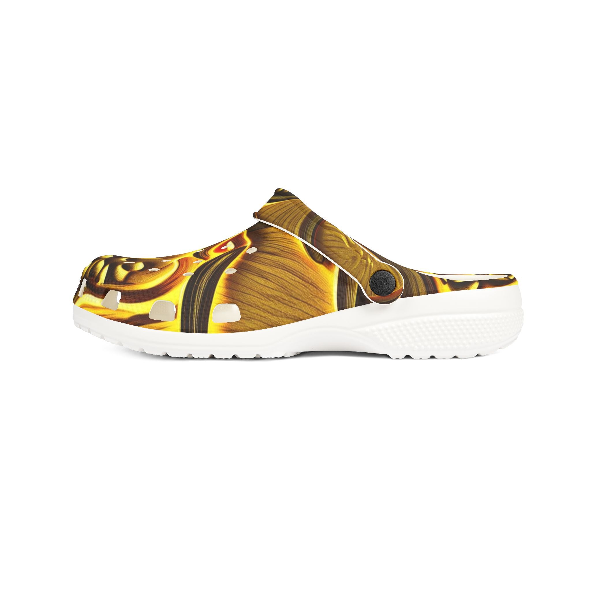 Clogs: Golden Swirl EVA Foam Clogs — Abstract Metallic Pattern Slip-Ons