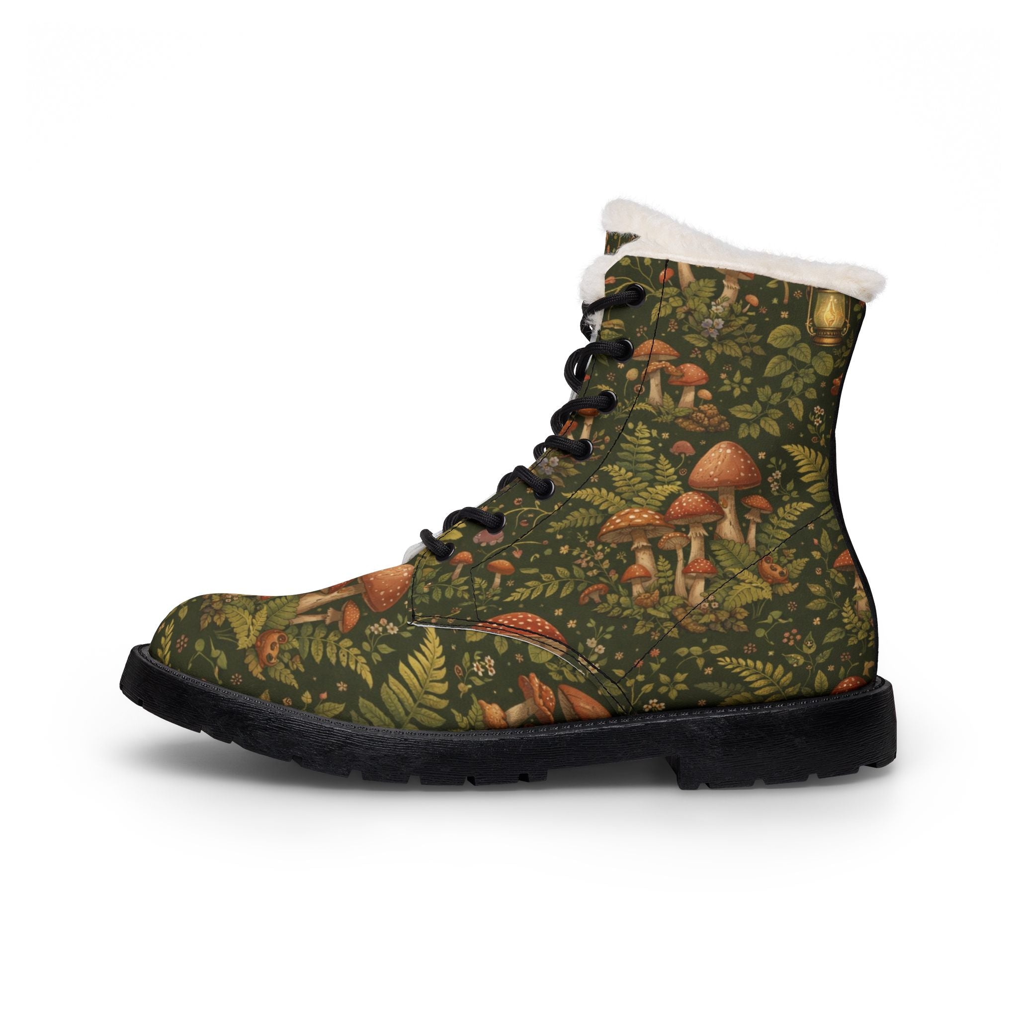 Boots: Synthetic Leather Boots: Mushroom Forest Fur-Lined Leather Boots — Men's Winter Hiking Boots