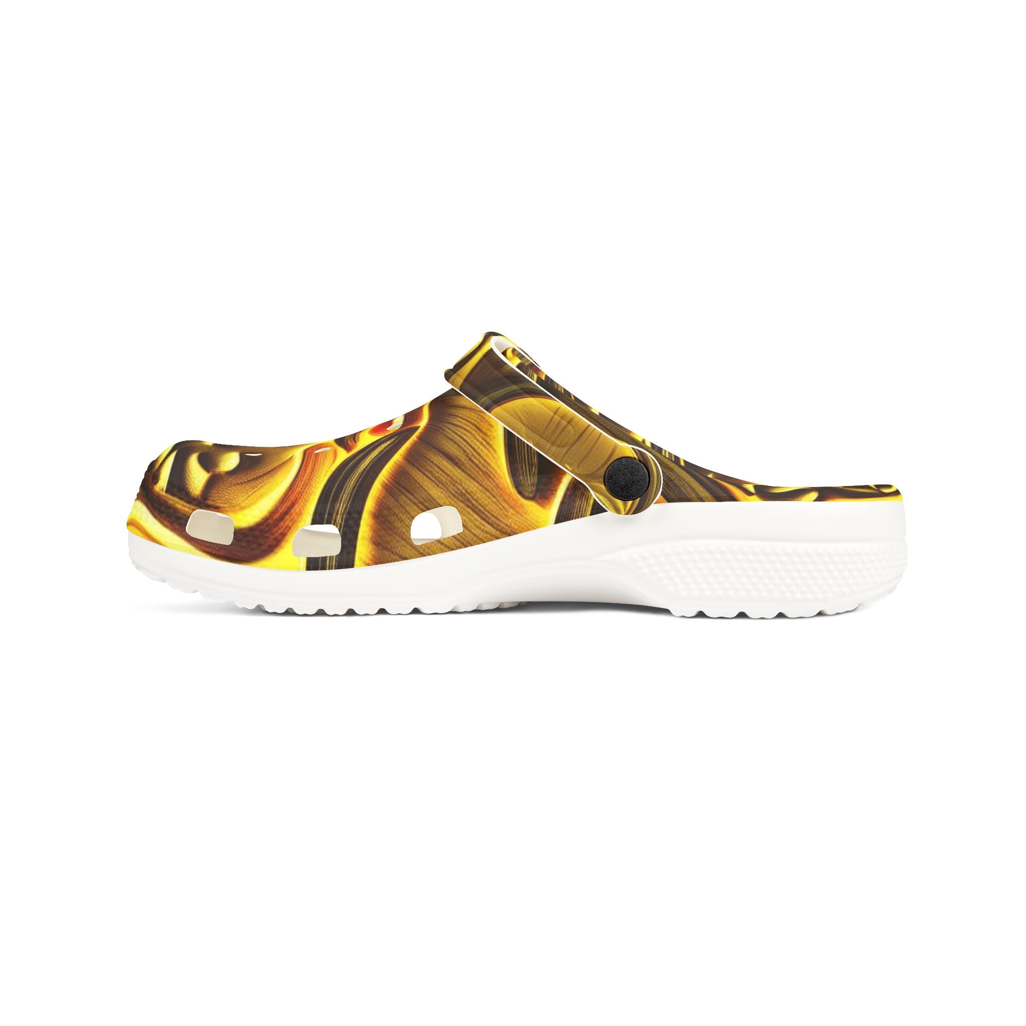 Clogs: Golden Swirl EVA Foam Clogs — Abstract Metallic Pattern Slip-Ons
