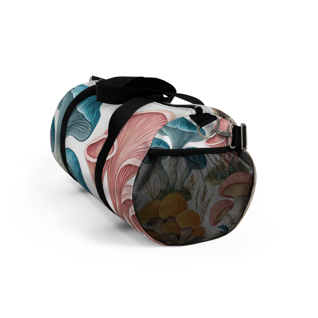 Mushroom Garden Duffel Bag — Botanical Blue & Pink Fungi Travel Bag