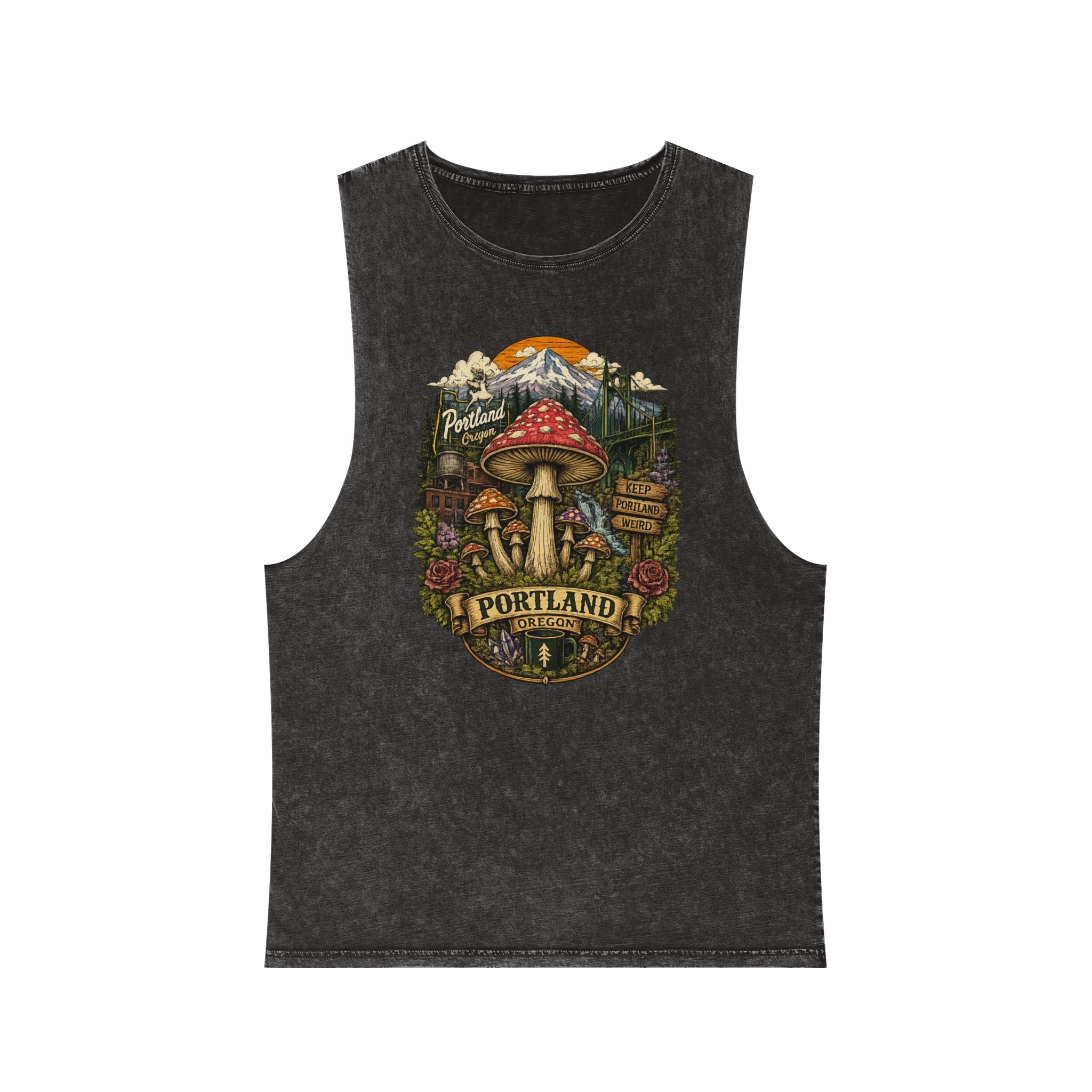 City: Portland Tank Top: Mushroom Graphic Tank — Stonewash Vintage Nature Tank Top