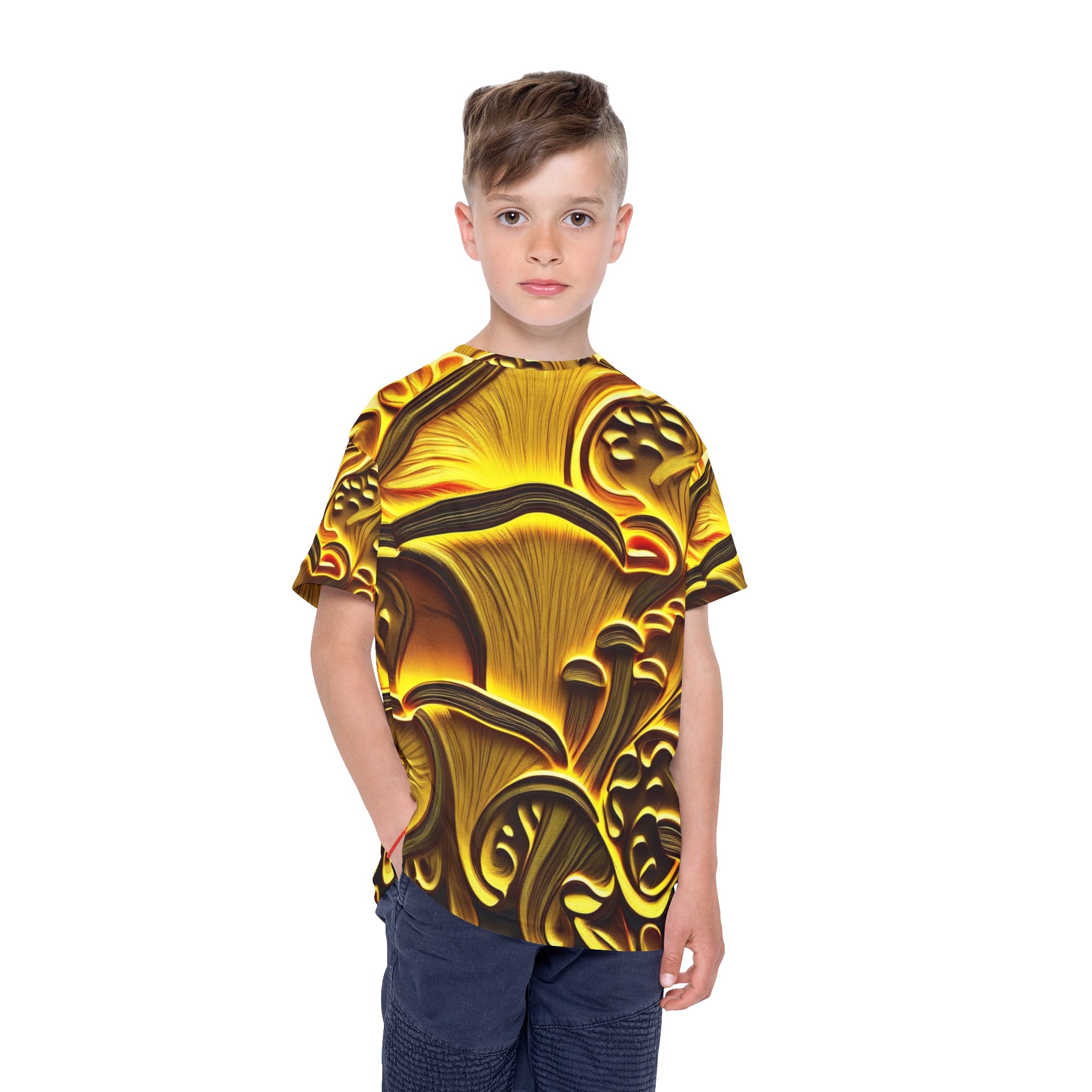 🌟 Golden Mushroom Glow – Kids’ All-Over Print T-Shirt