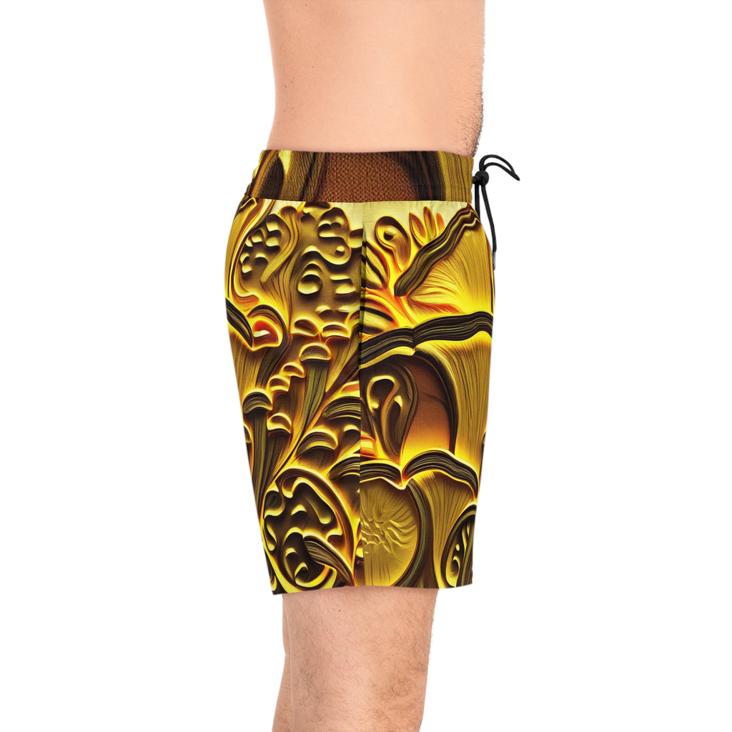 Golden Mushroom Print Swim Shorts — Men’s Mid-Length Tropical Boardshorts