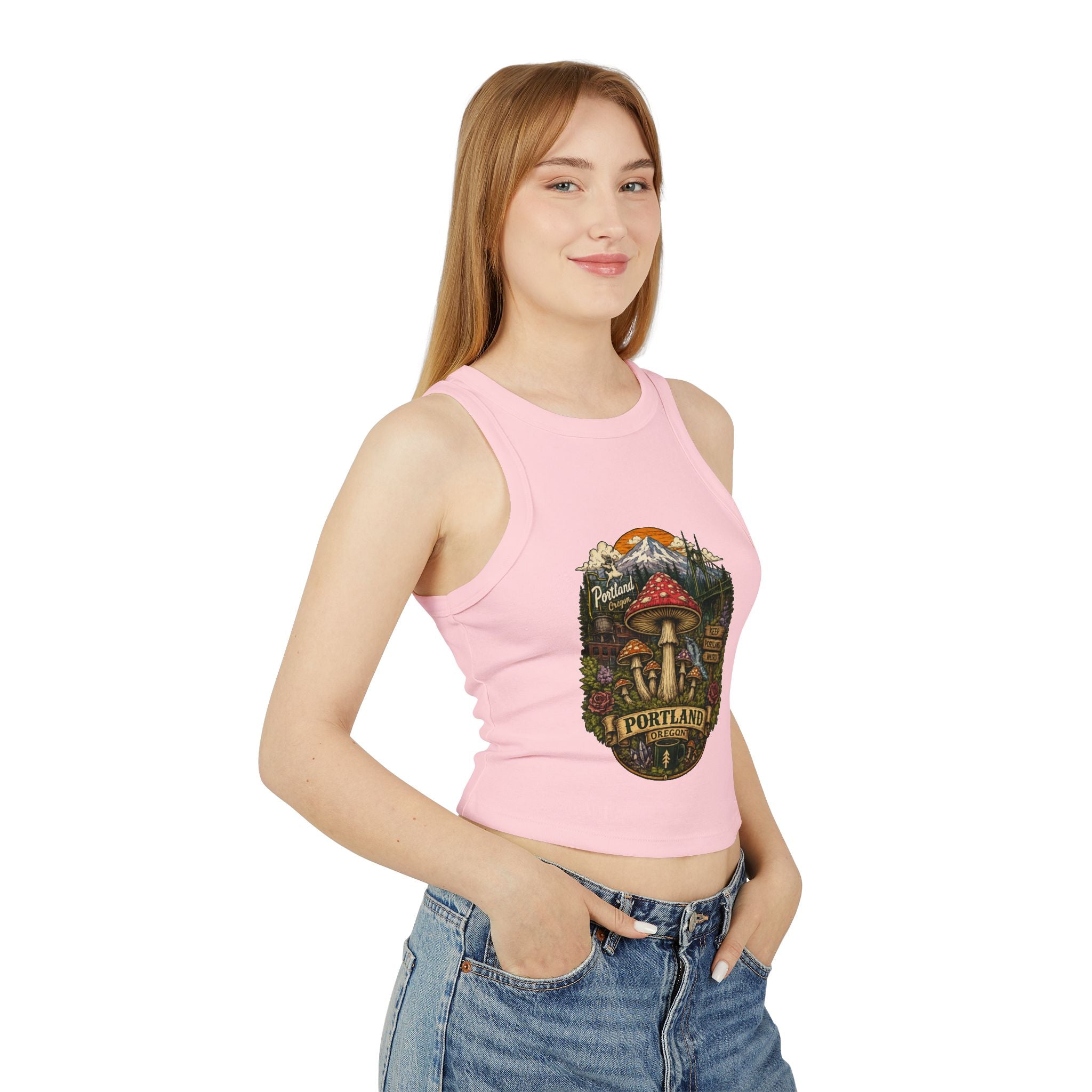 Tank Top: Portland Mushroom Graphic Tank — Women's Crop Racerback Tank Top
