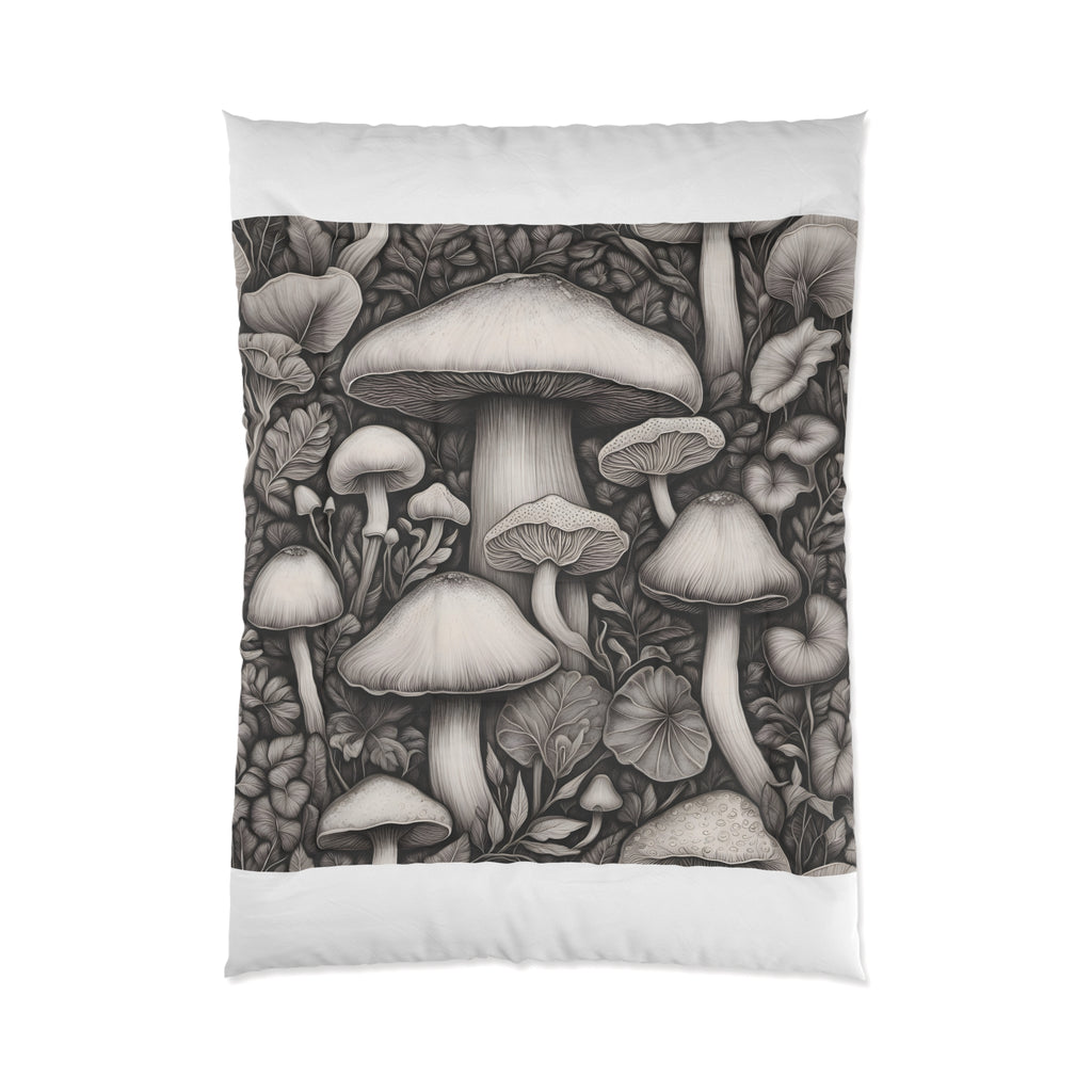 Comforter: Mushroom Garden Comforter – Monochrome Botanical Fungi Bedding