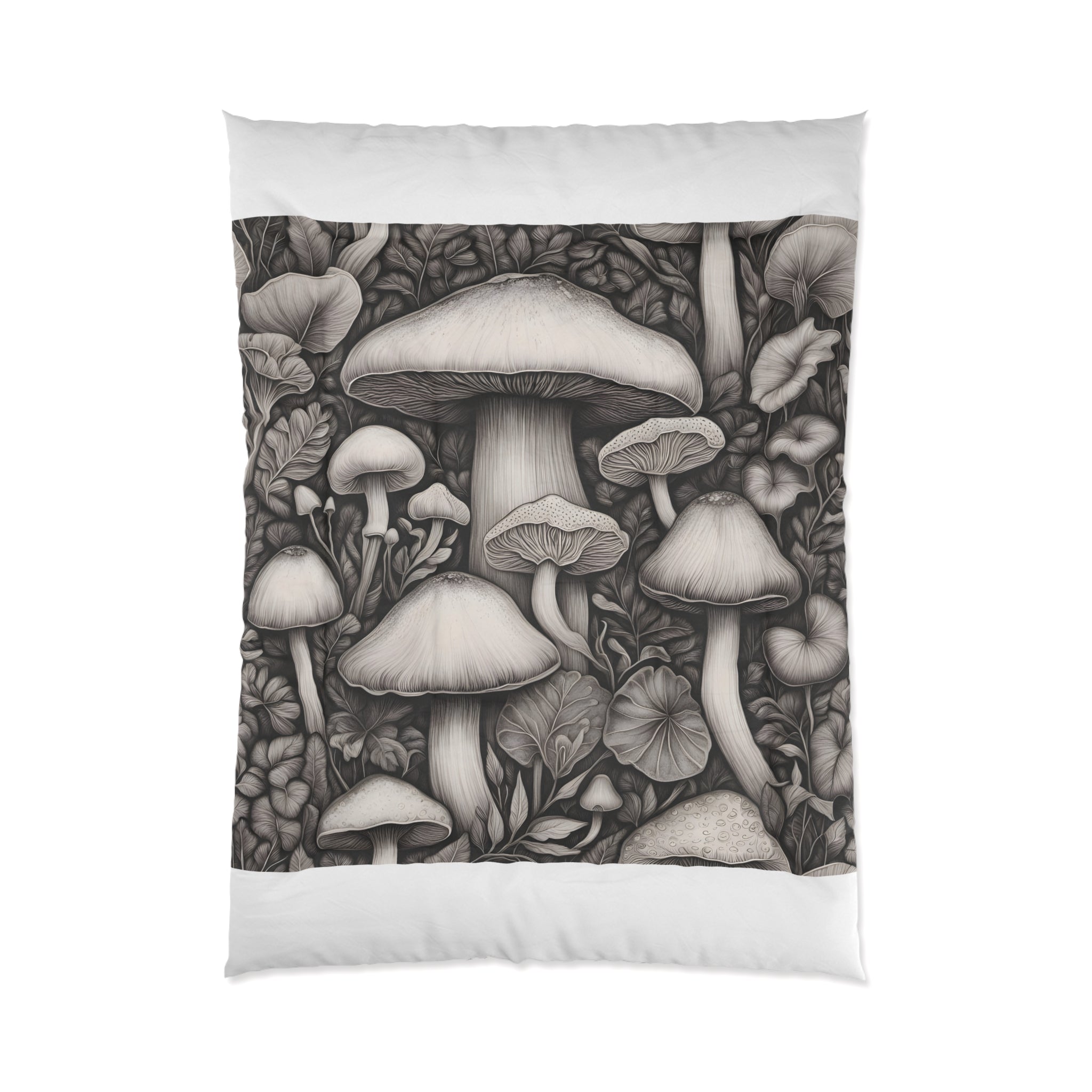 Comforter: Mushroom Garden Comforter – Monochrome Botanical Fungi Bedding