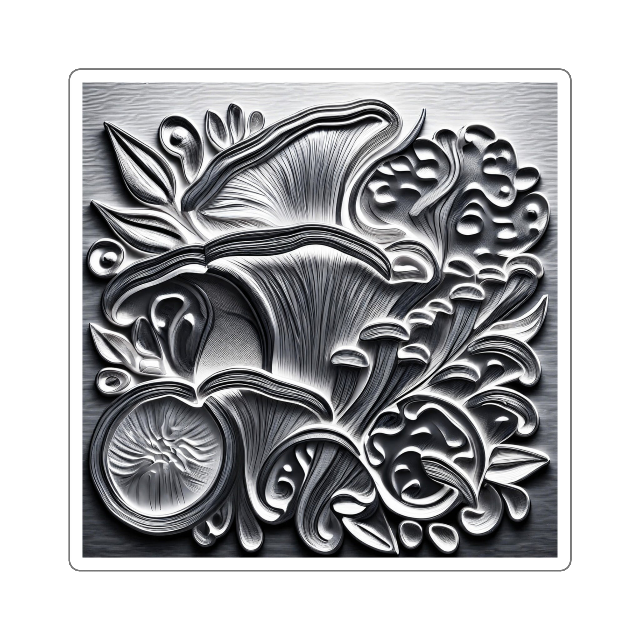 Metallic Botanical Square Sticker — Embossed Floral Mushroom Design