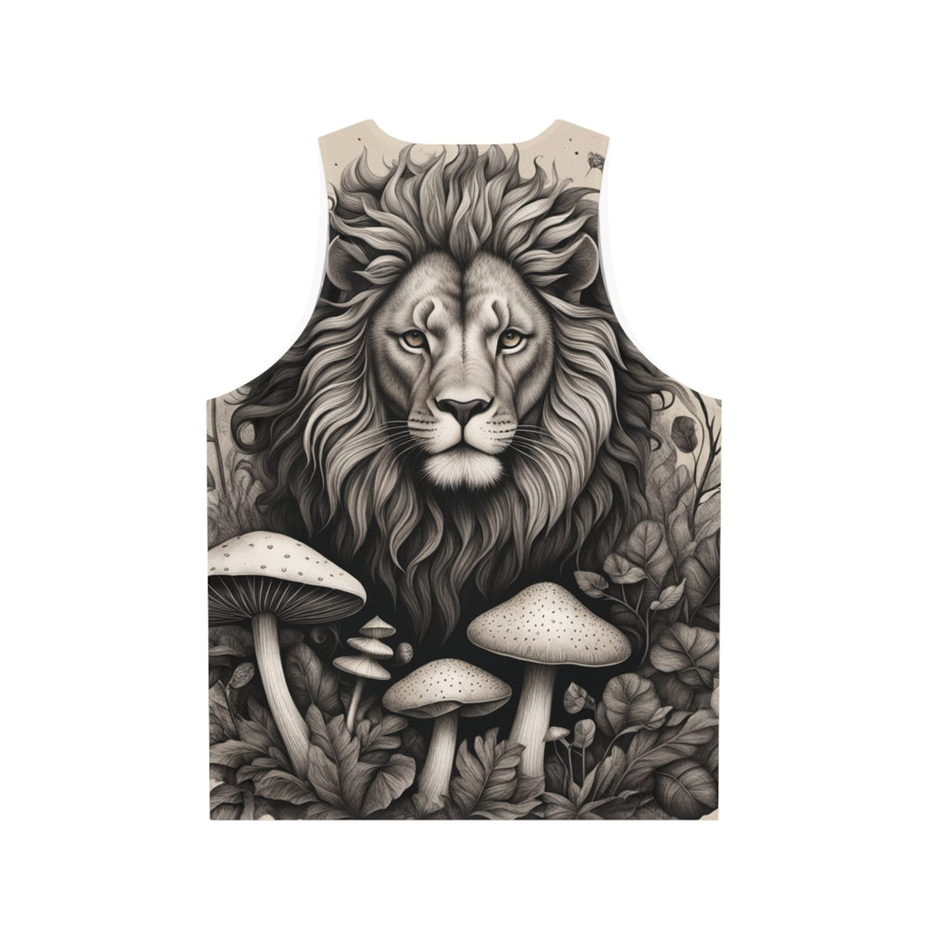 Lion and Mushrooms All-Over Print Tank Top — Monochrome Majestic Forest Vibe