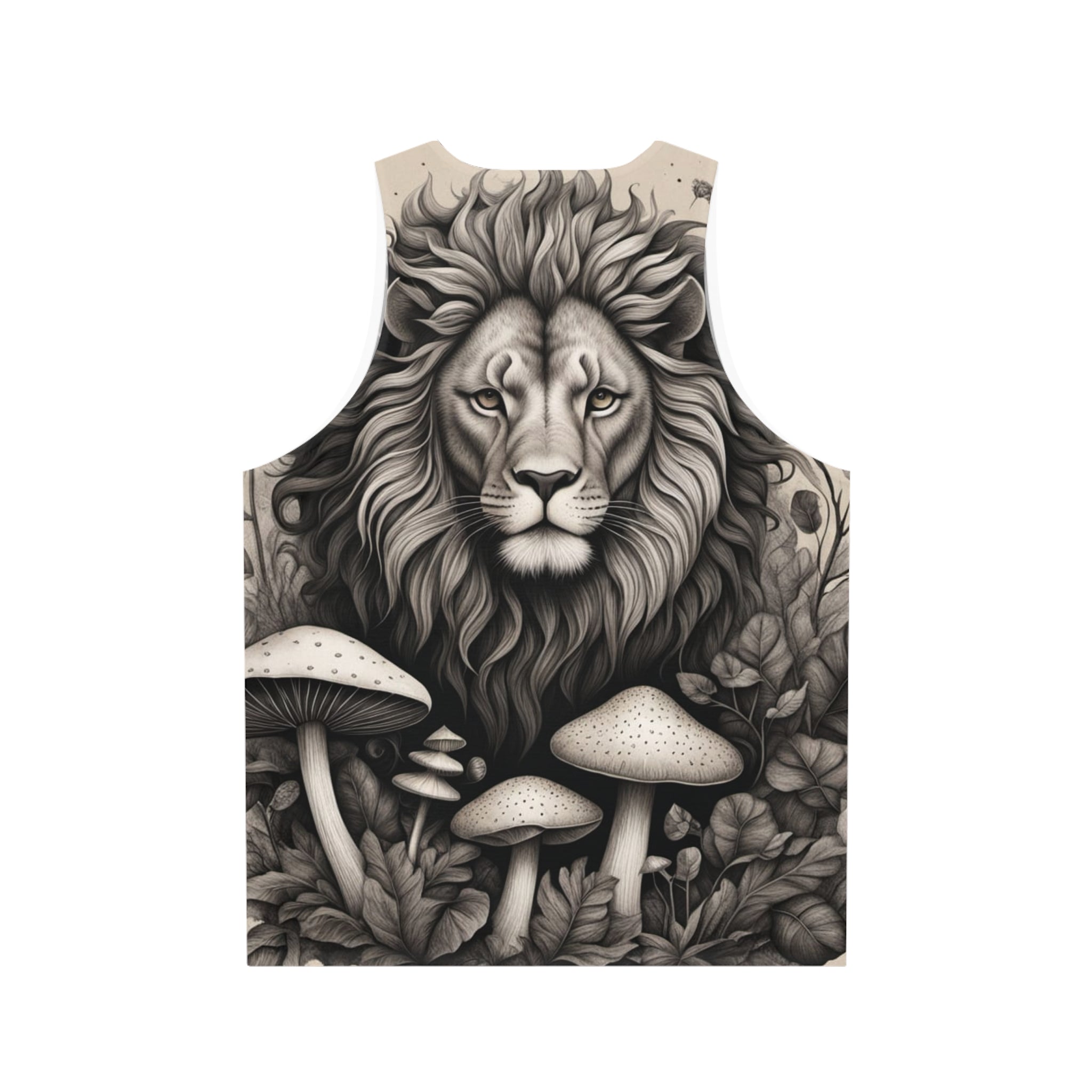 Lion and Mushrooms All-Over Print Tank Top — Monochrome Majestic Forest Vibe
