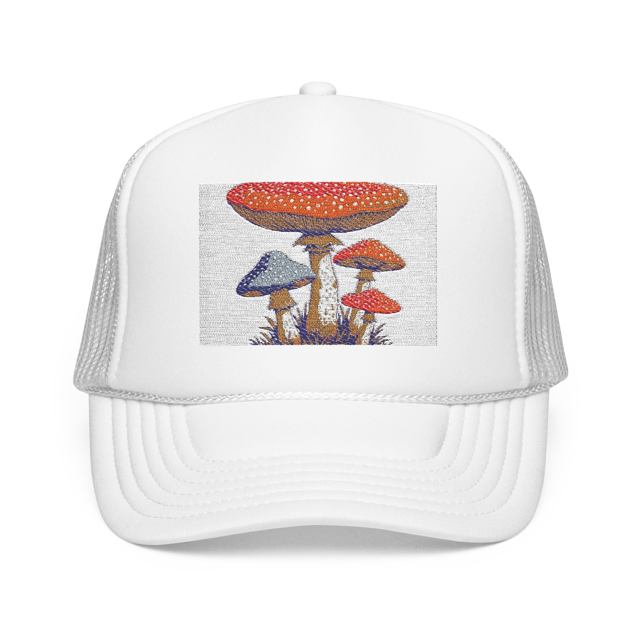 Mushroom Patch Trucker Hat — Vintage Fungi Graphic Foam Cap