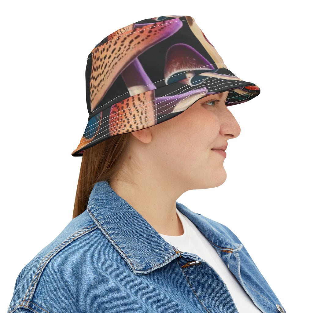 Psychedelic Mushroom Print Bucket Hat — Colorful Fungi AOP Sun Hat