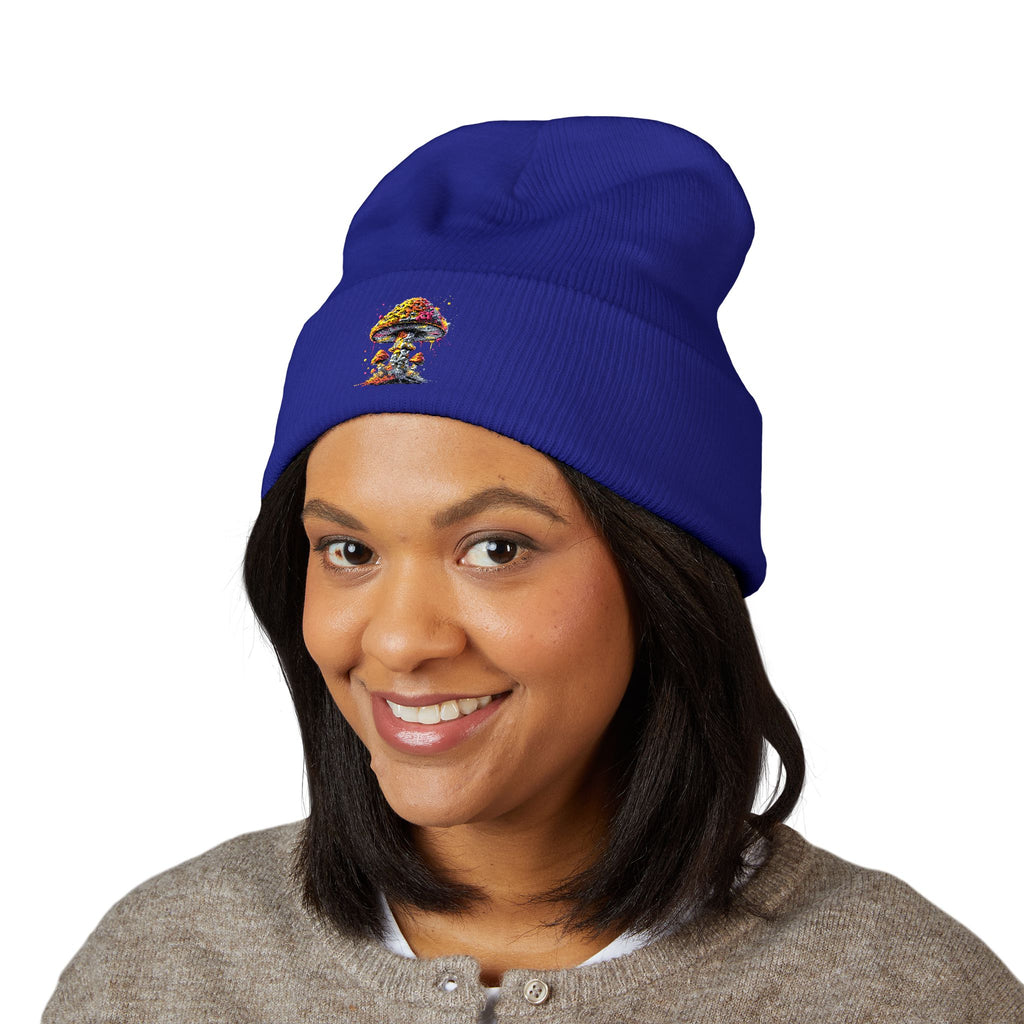 Beanie: Embroidered Colorful Mushroom Beanie — Cute Cuffed Knit Hat