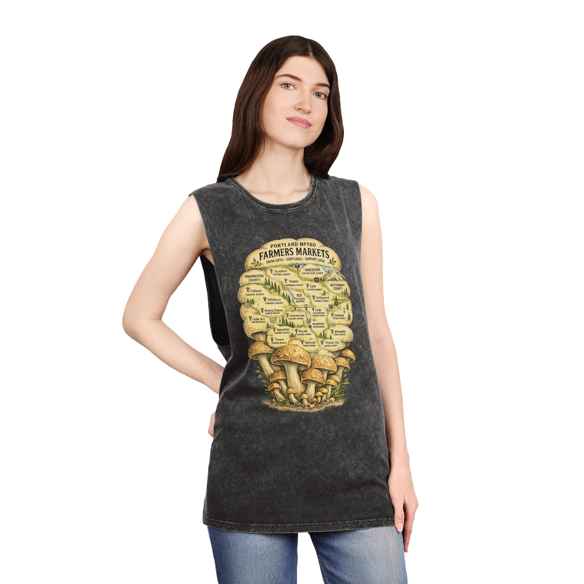 City: Stonewash Tank Top: Mushroom Festival Tank — Farmers Markets Map Stonewash Tank