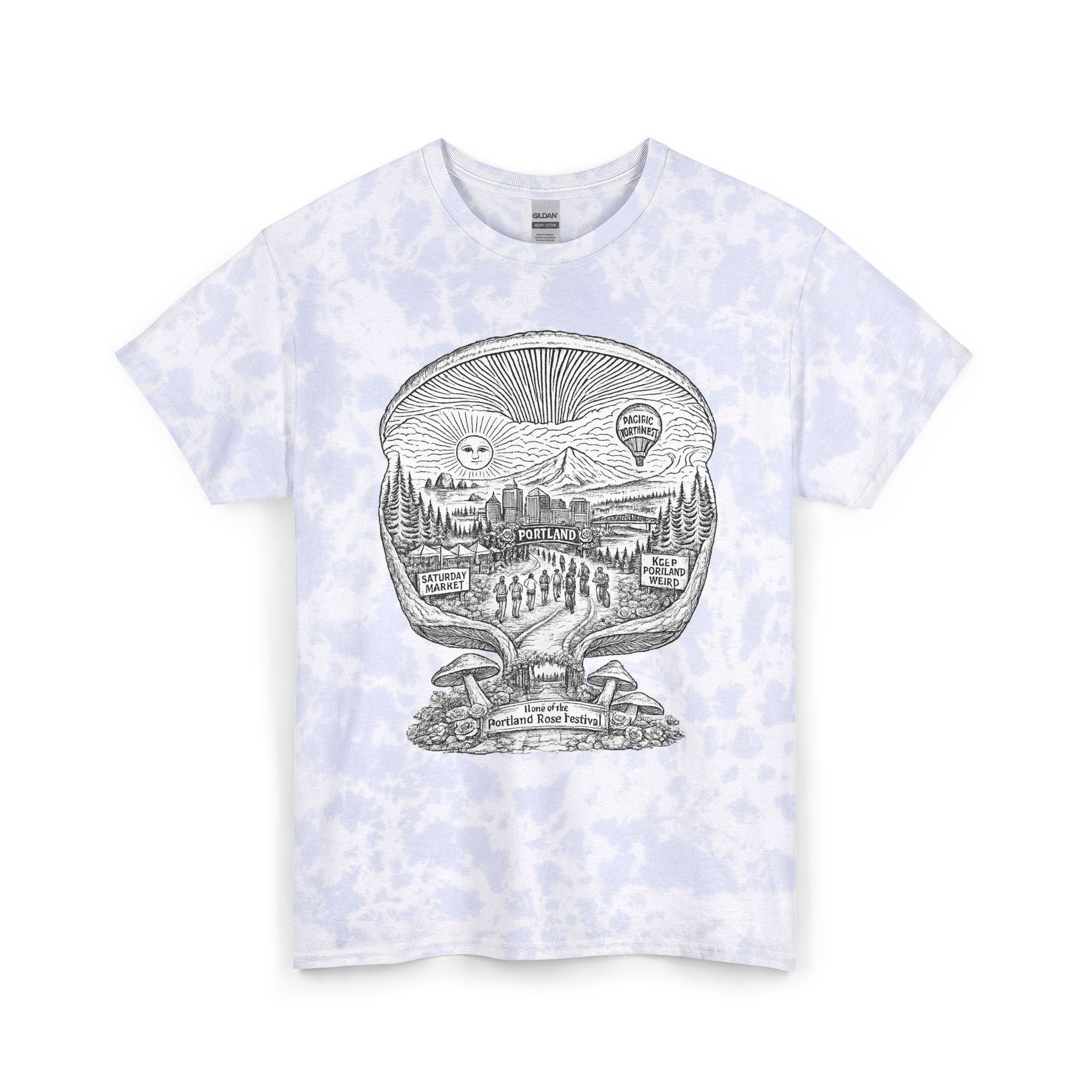 Tie-Dye T-Shirt — Vintage Mushroom Skull Scenic Print (Farmers Market Map)