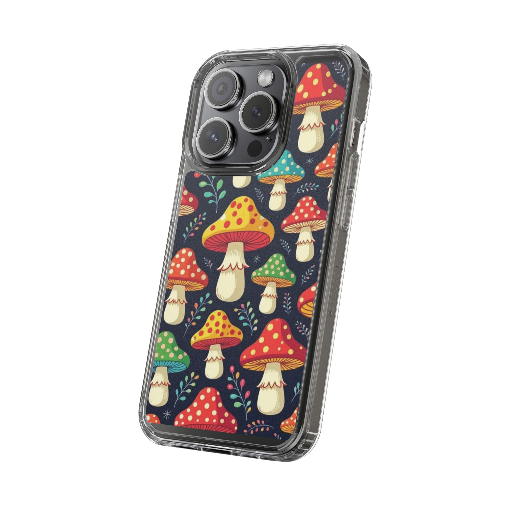 Phone Case: Mushroom Pattern Clear Phone Case — Colorful Toadstool Floral Design