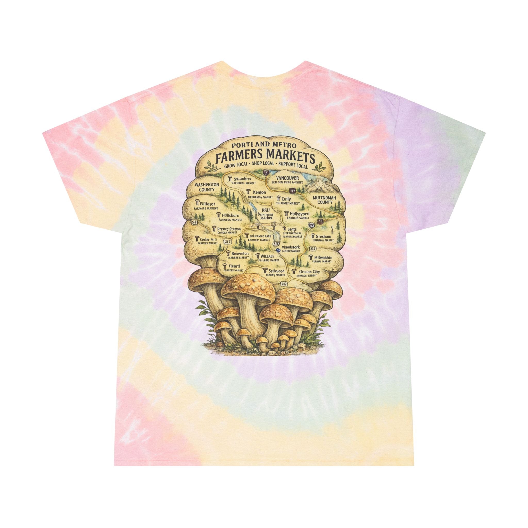 City: Gresham Oregon Spiral Tie-Dye Tee — Vintage Mushroom & Farmers Market Graphic