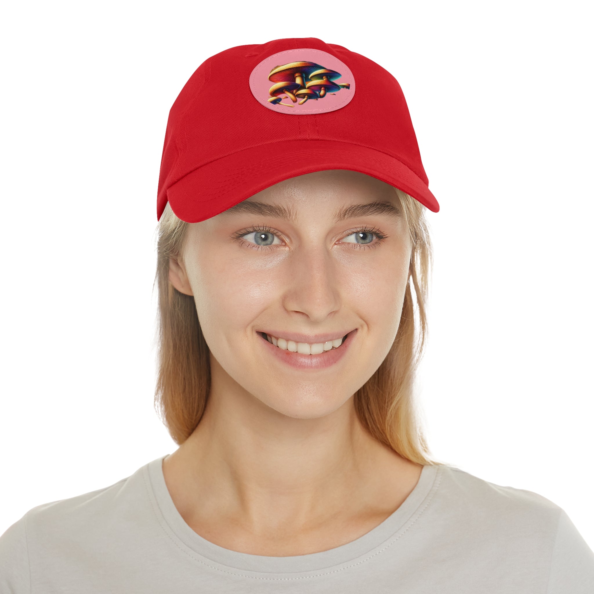Mushroom Patch Dad Hat — Colorful Psychedelic Fungi Leather Patch Cap