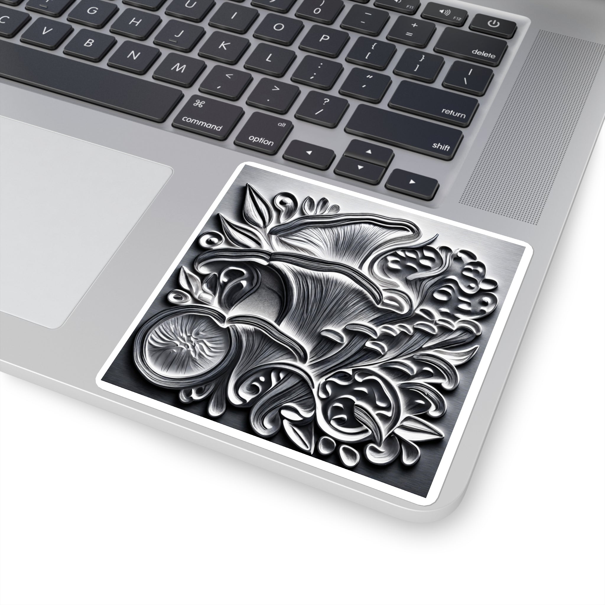 Metallic Botanical Square Sticker — Embossed Floral Mushroom Design