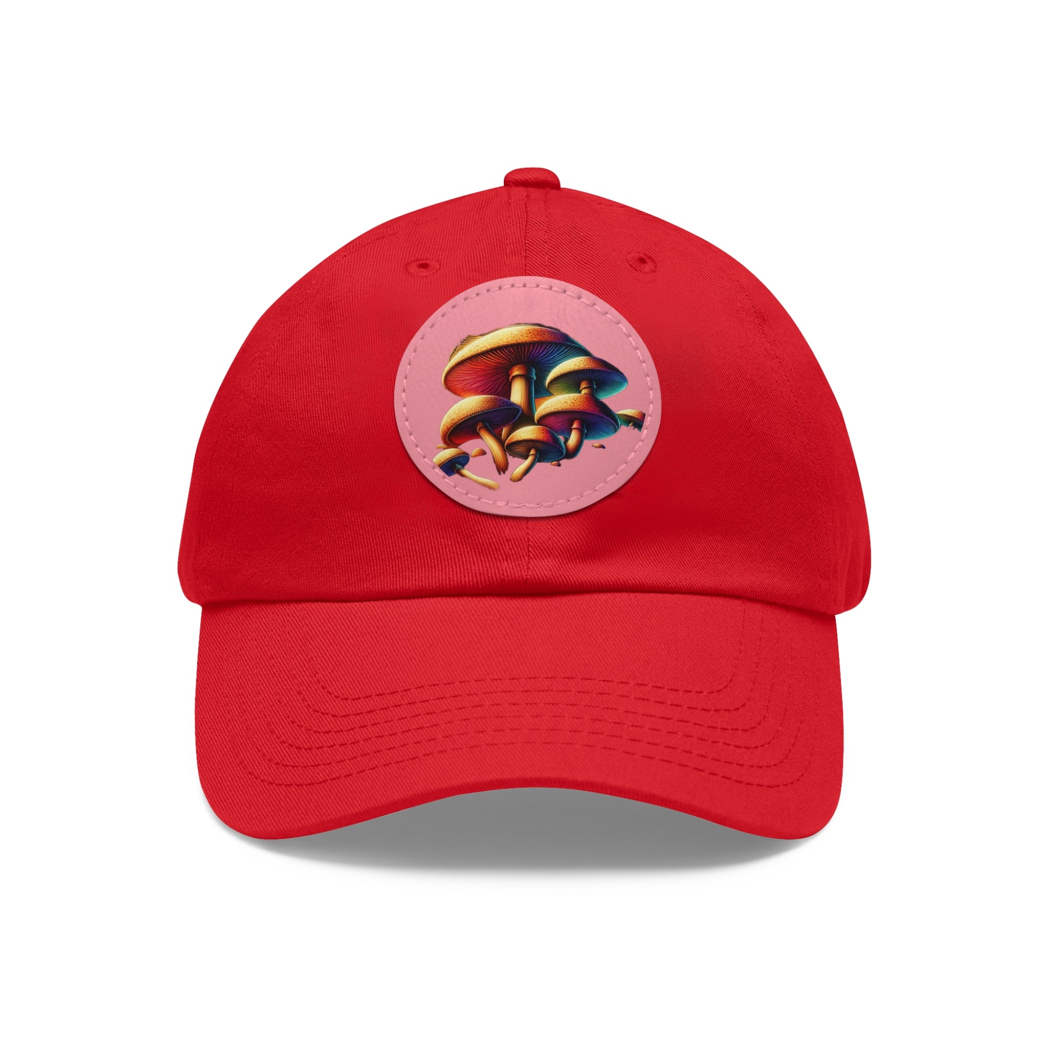 Mushroom Patch Dad Hat — Colorful Psychedelic Fungi Leather Patch Cap