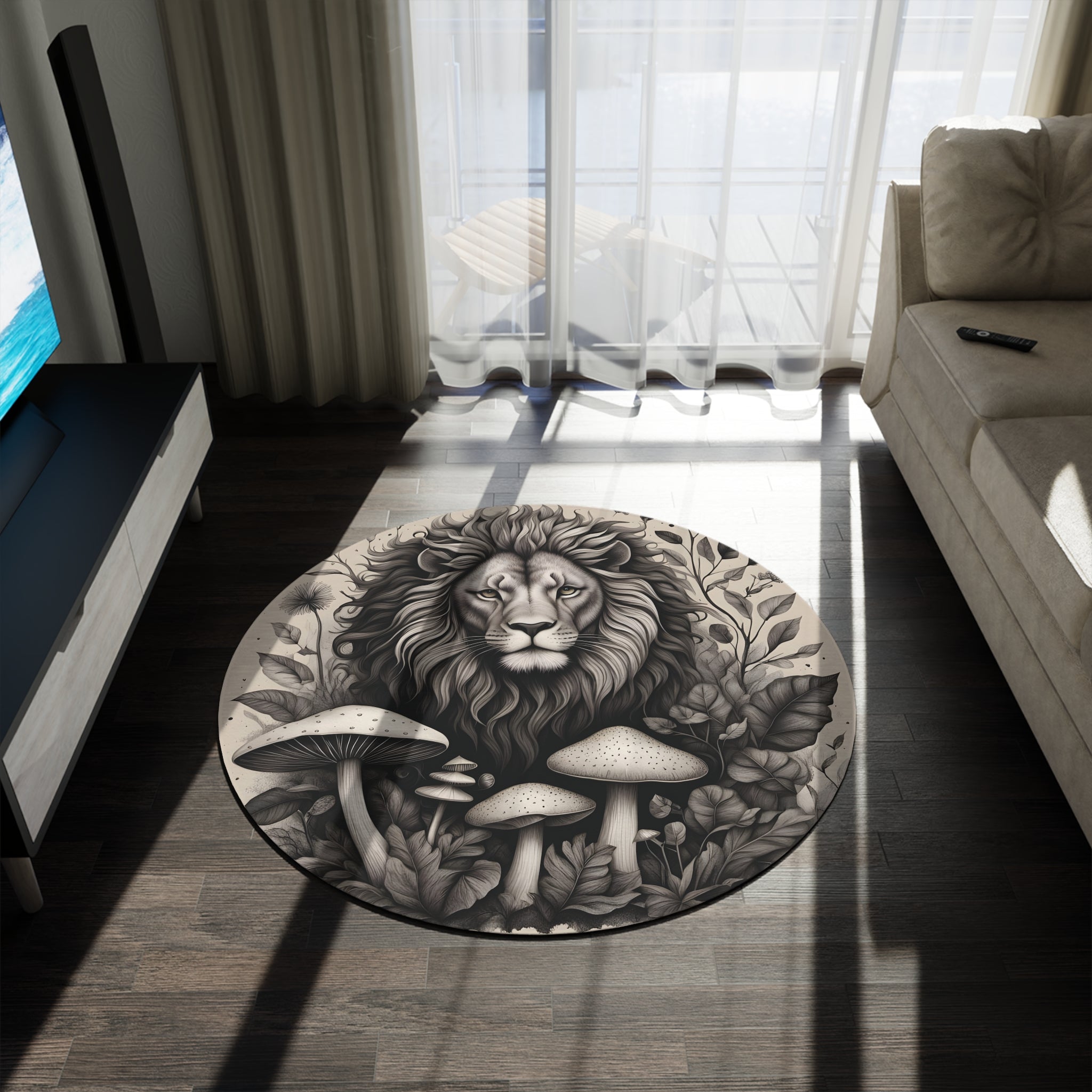 Lion & Mushrooms Round Rug — Boho Botanical Animal Floor Decor