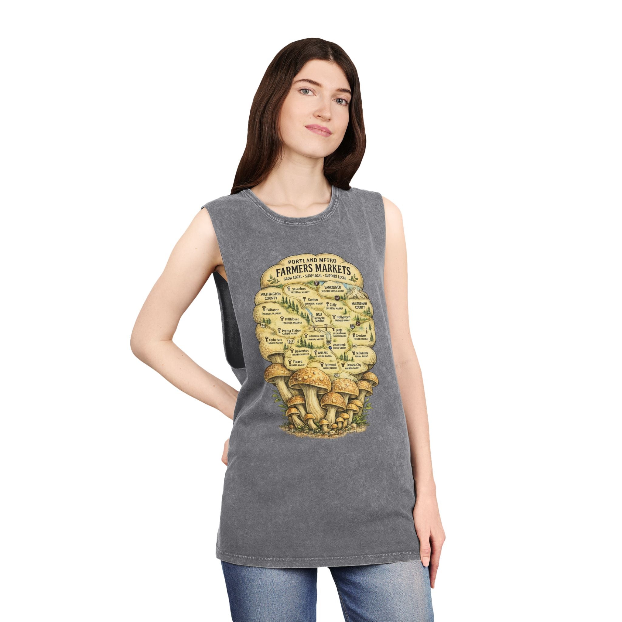 City: Stonewash Tank Top: Mushroom Festival Tank — Farmers Markets Map Stonewash Tank