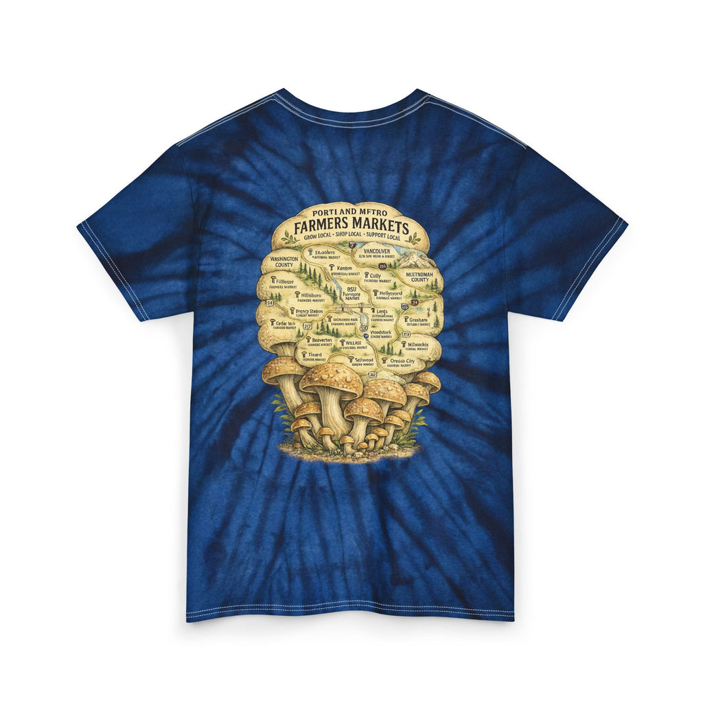 Tie-Dye T-Shirt — Vintage Mushroom Skull Scenic Print (Farmers Market Map)