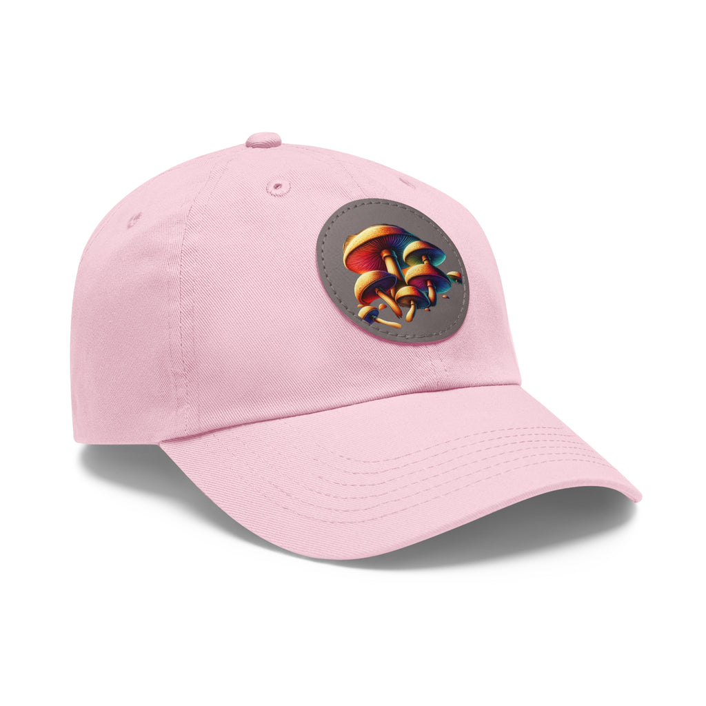 Mushroom Patch Dad Hat — Colorful Psychedelic Fungi Leather Patch Cap