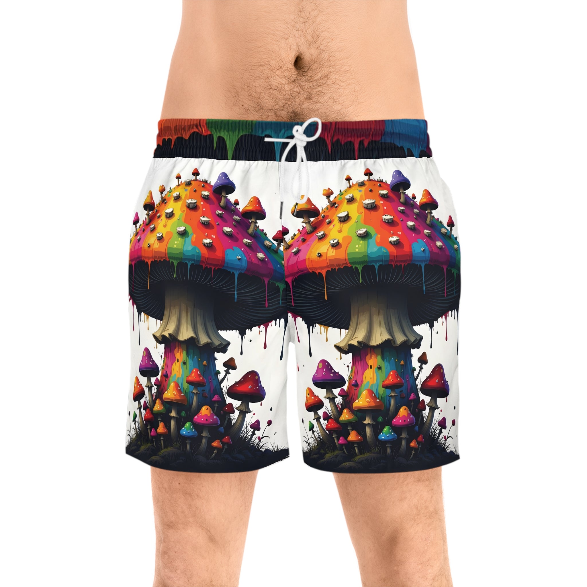 Psychedelic Rainbow Mushroom Swim Shorts — Men's Mid-Length Beach Trunks
