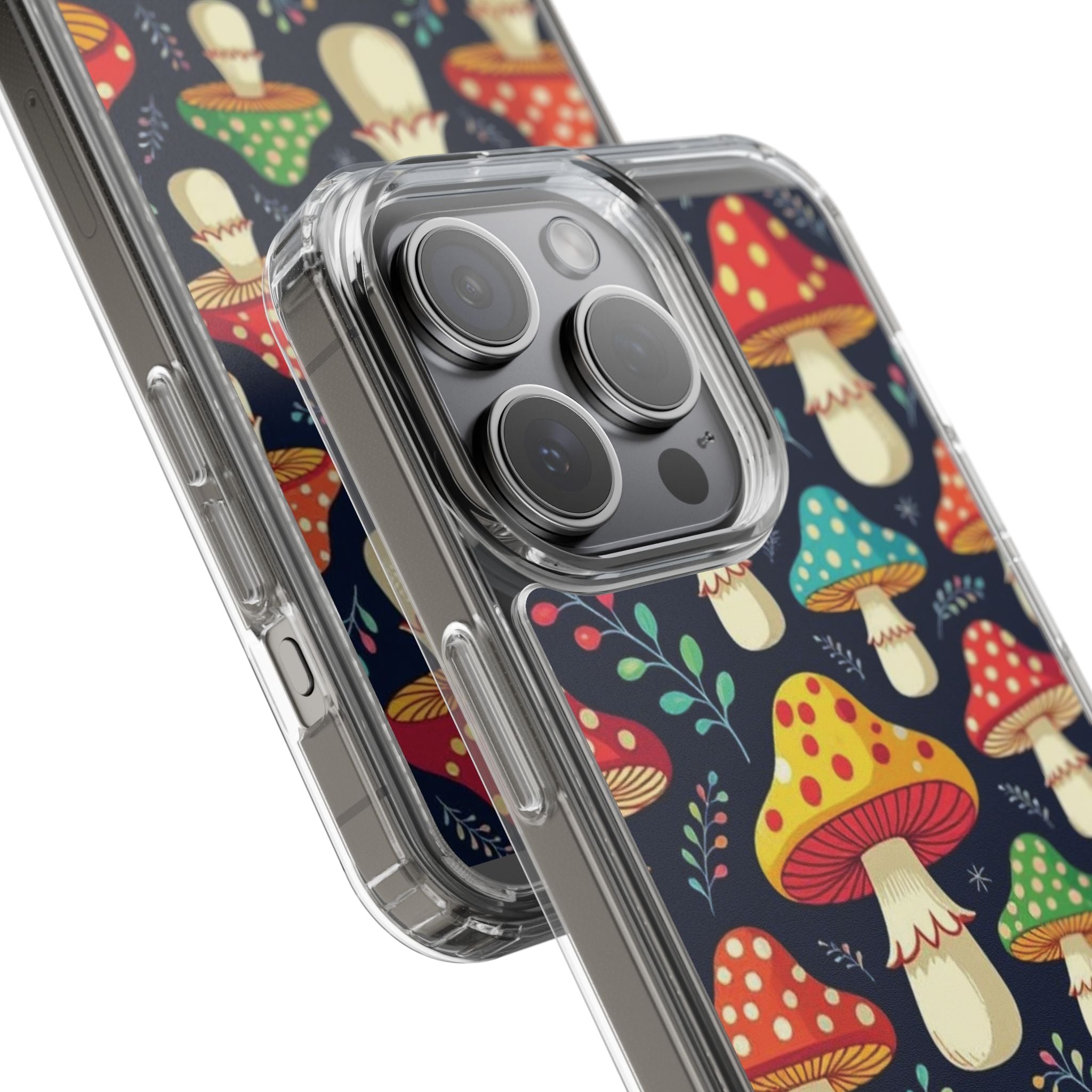 Phone Case: Mushroom Pattern Clear Phone Case — Colorful Toadstool Floral Design