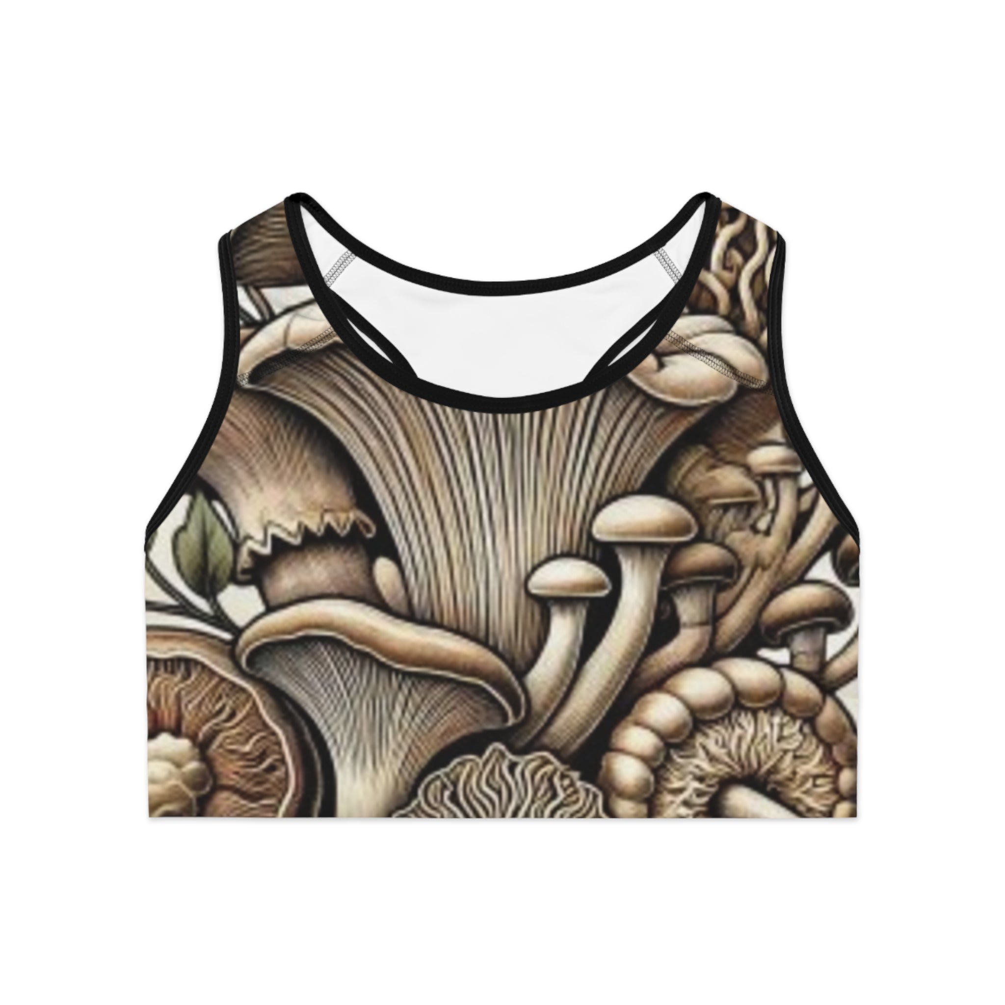 Mushroom Forest Sports Bra – Botanical Fungi All-Over-Print Activewear