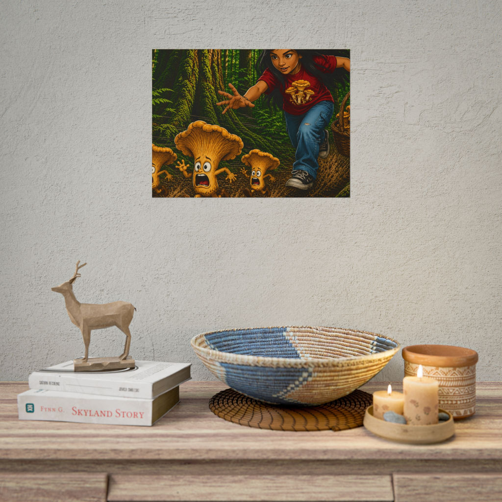 Rolled Poster: Girl Chasing Animated Mushrooms Forest Art Print