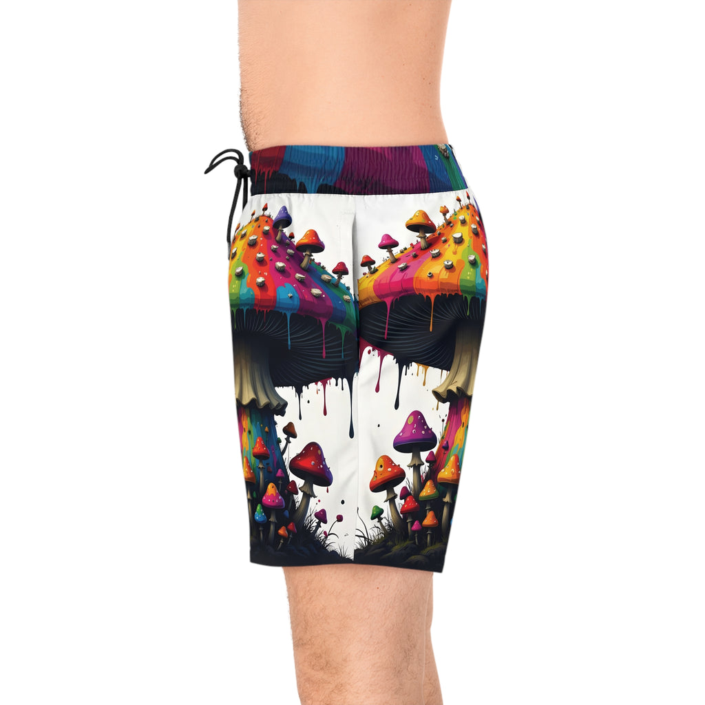 Psychedelic Rainbow Mushroom Swim Shorts — Men's Mid-Length Beach Trunks