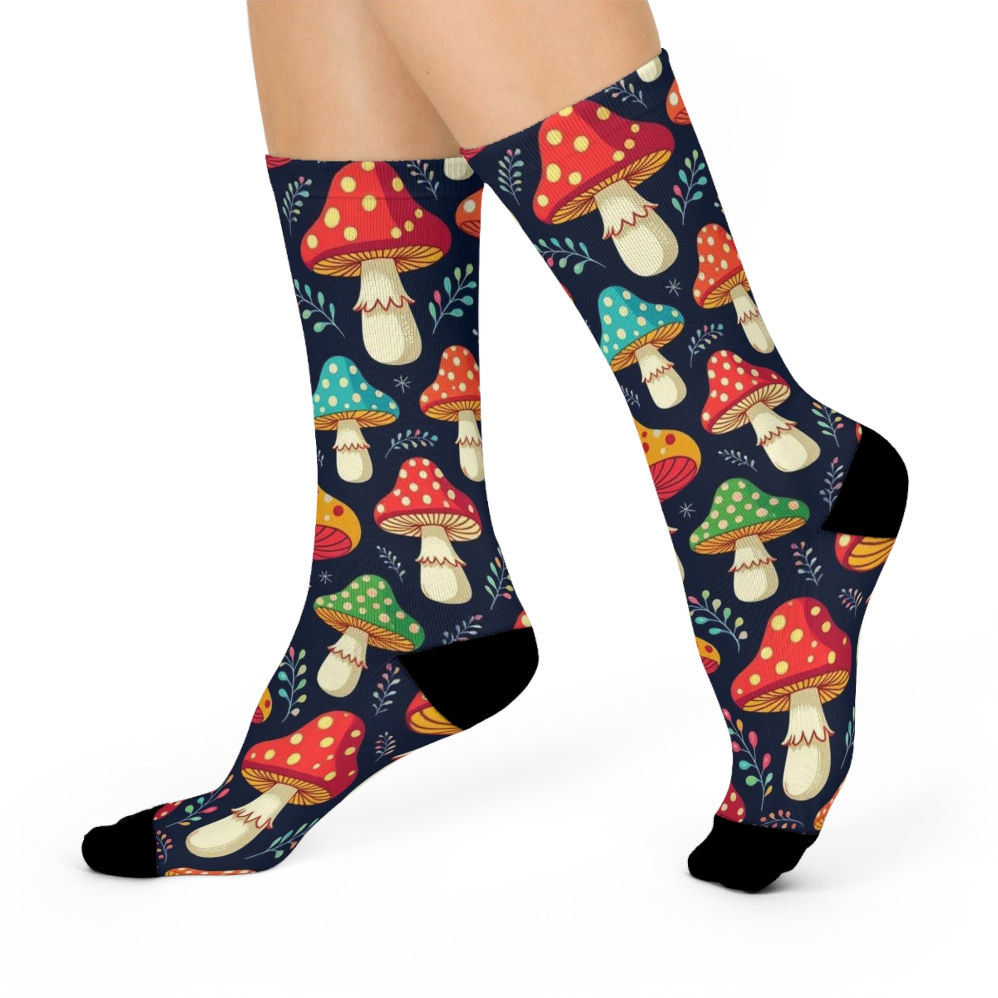Socks: Colorful Mushroom Cushioned Crew Socks, Cozy Gift for Nature Lovers, Fun Casual Wear, Perfect for Hiking or Lounging