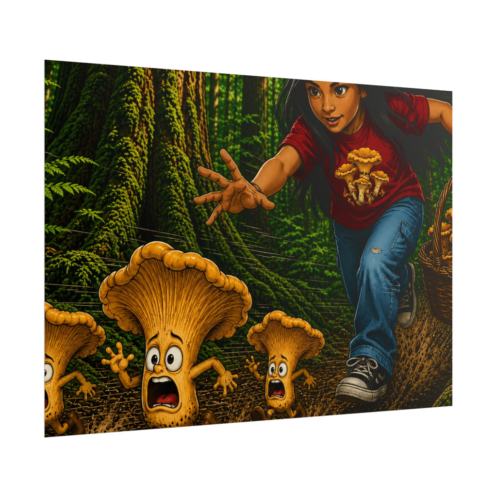 Rolled Poster: Girl Chasing Animated Mushrooms Forest Art Print