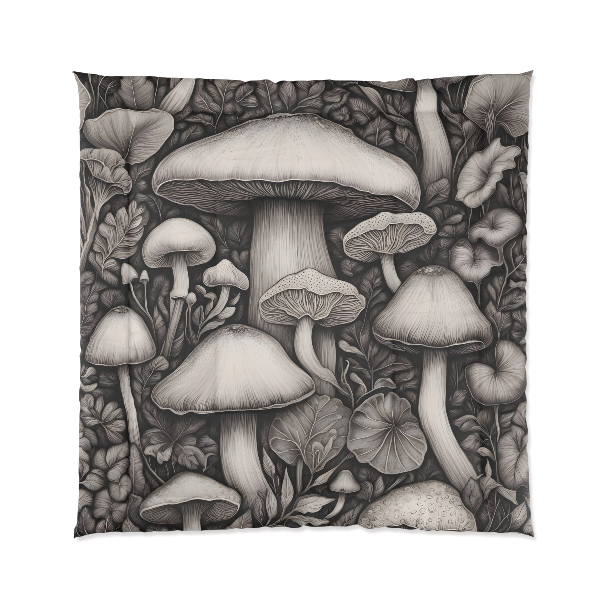 Comforter: Mushroom Garden Comforter – Monochrome Botanical Fungi Bedding