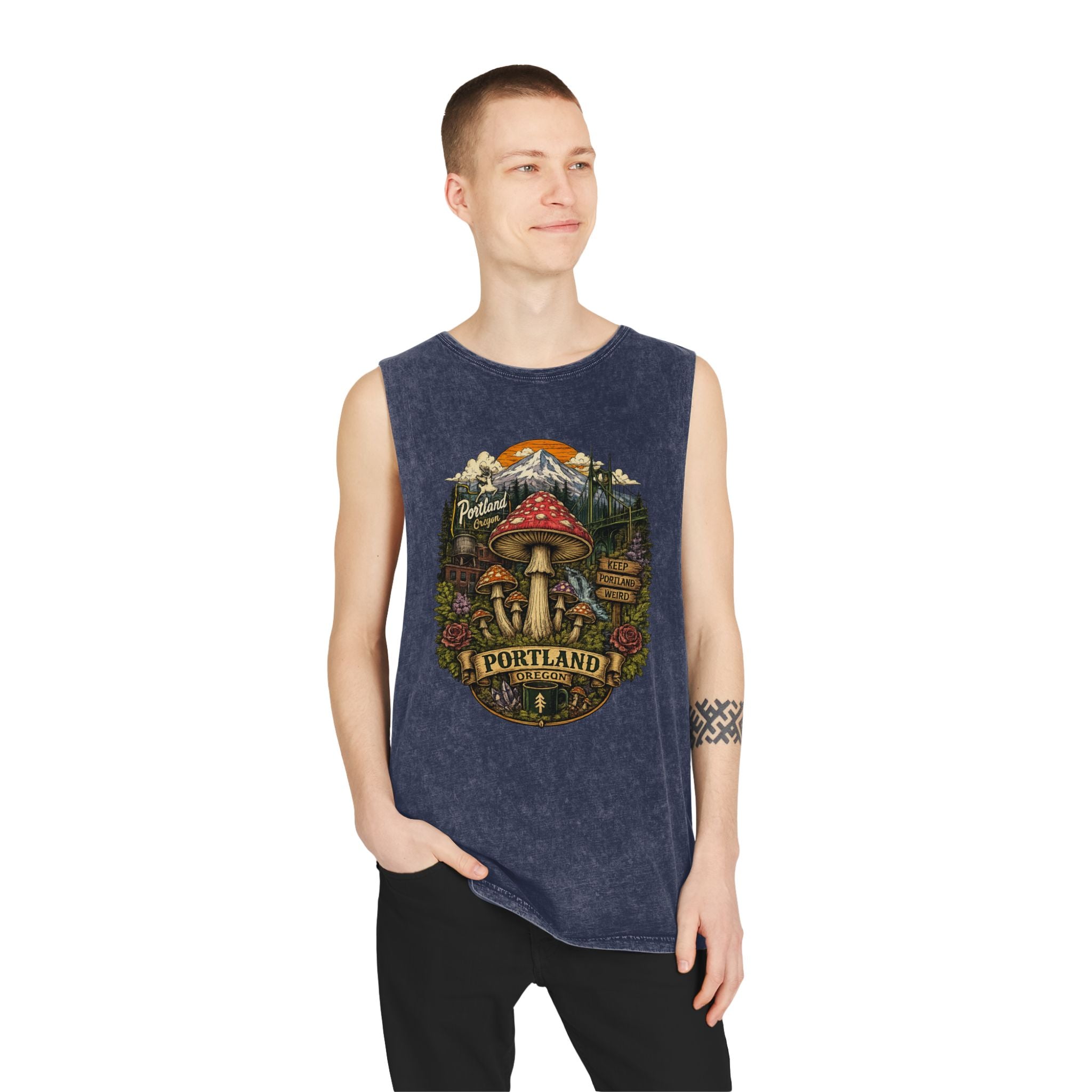 City: Portland Tank Top: Mushroom Graphic Tank — Stonewash Vintage Nature Tank Top