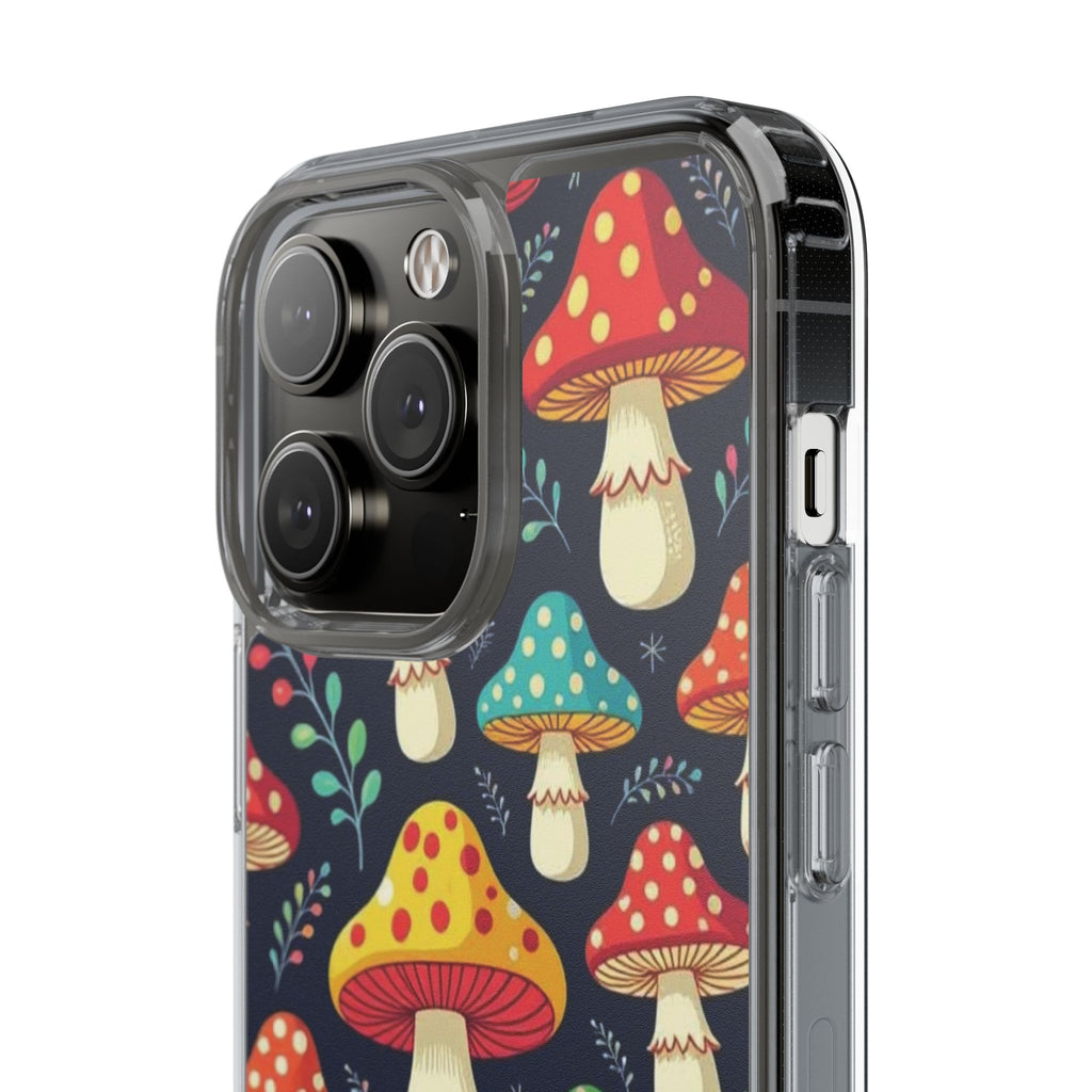 Phone Case: Mushroom Pattern Clear Phone Case — Colorful Toadstool Floral Design