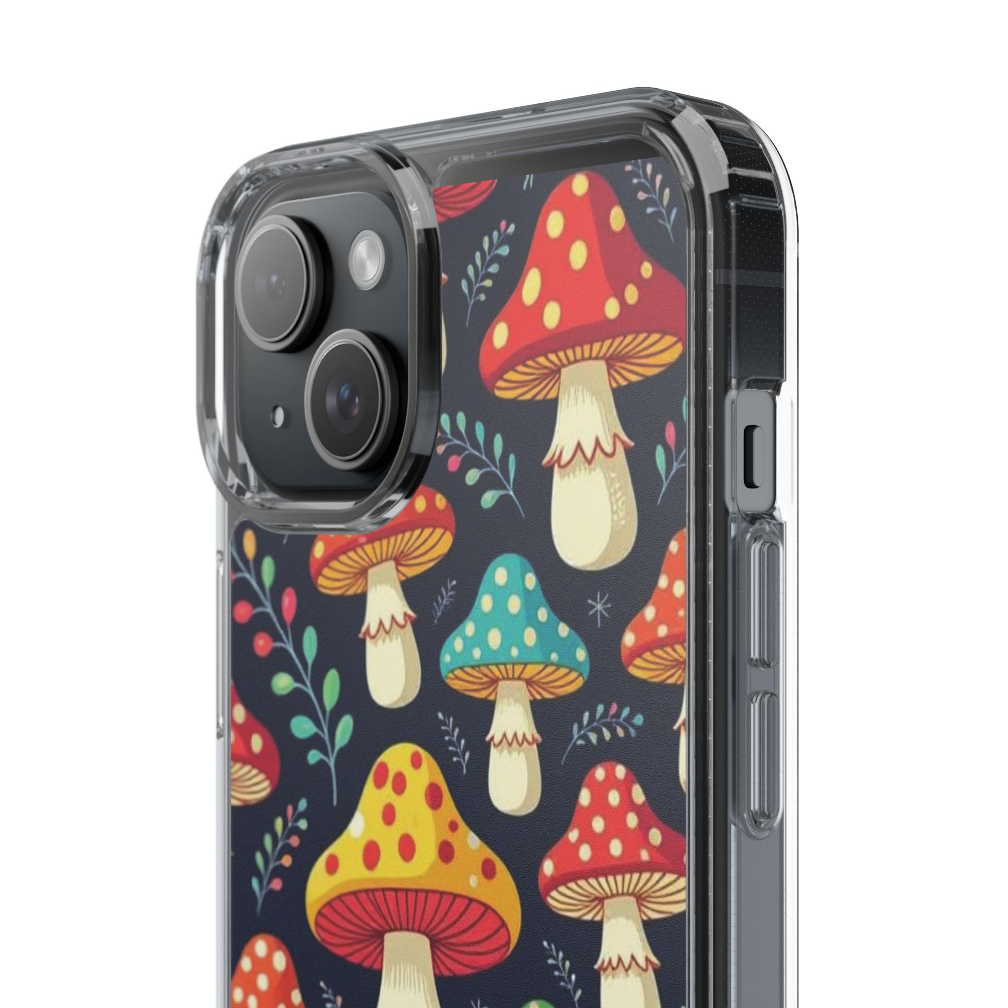 Phone Case: Mushroom Pattern Clear Phone Case — Colorful Toadstool Floral Design