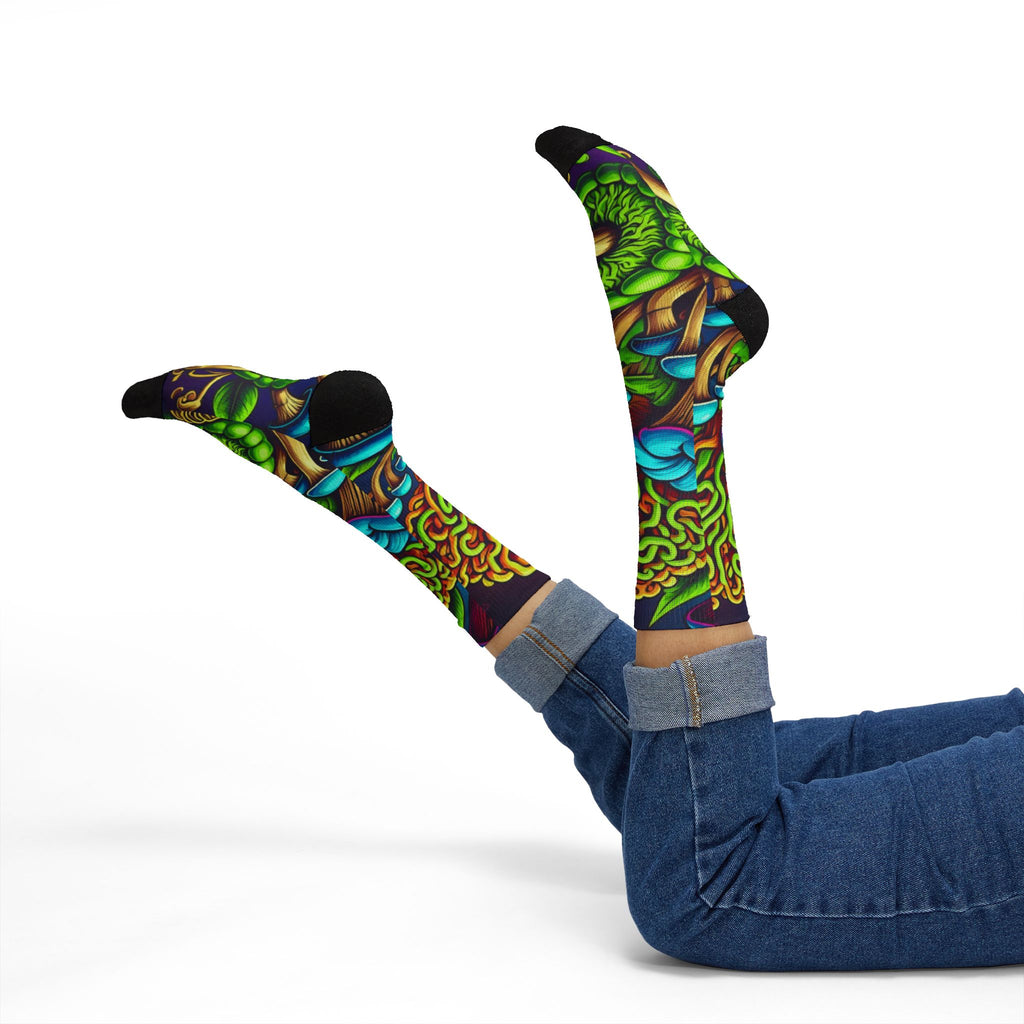 Socks: Psychedelic Mushroom Socks — Vibrant Green Fungi Sublimation Crew Socks