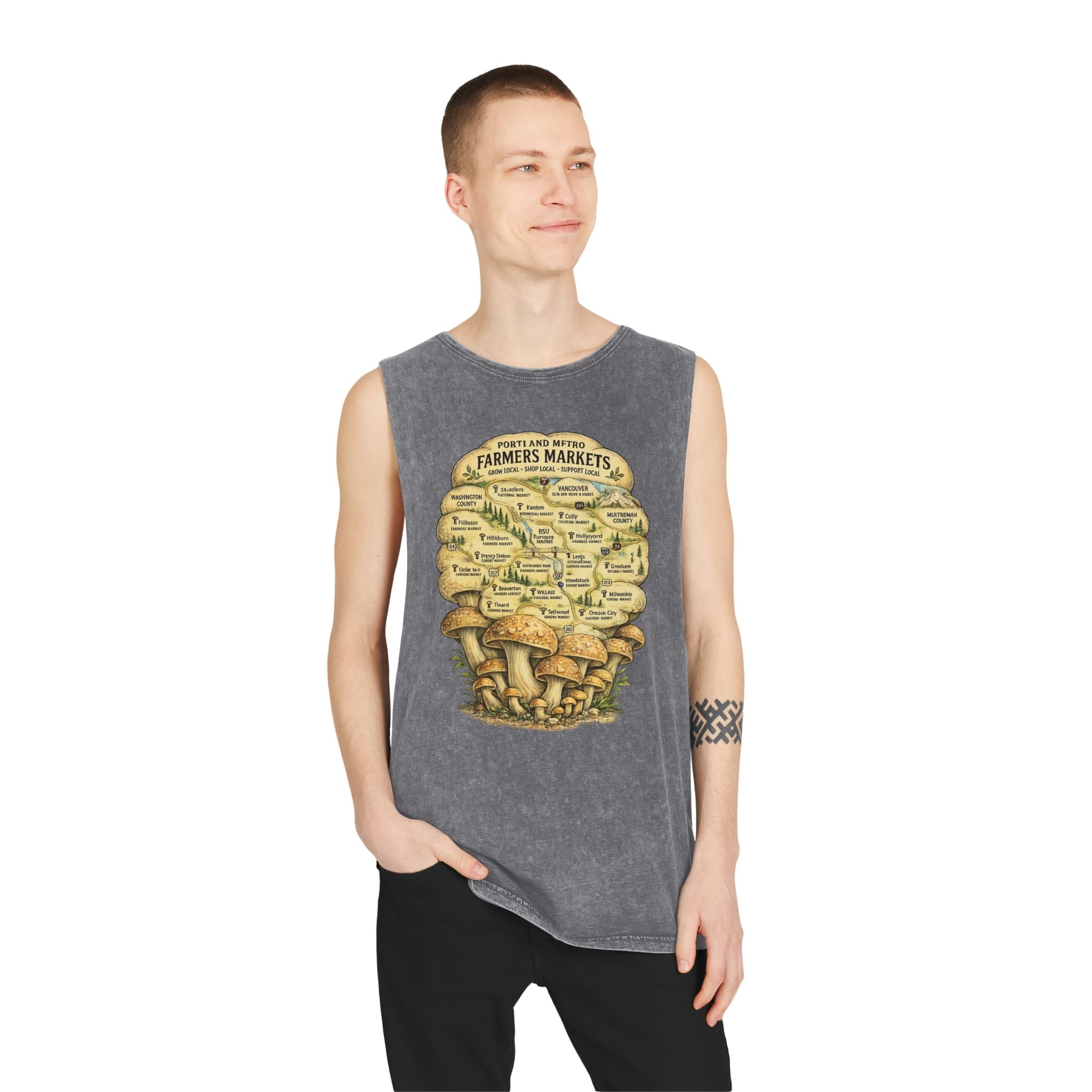City: Stonewash Tank Top: Mushroom Festival Tank — Farmers Markets Map Stonewash Tank