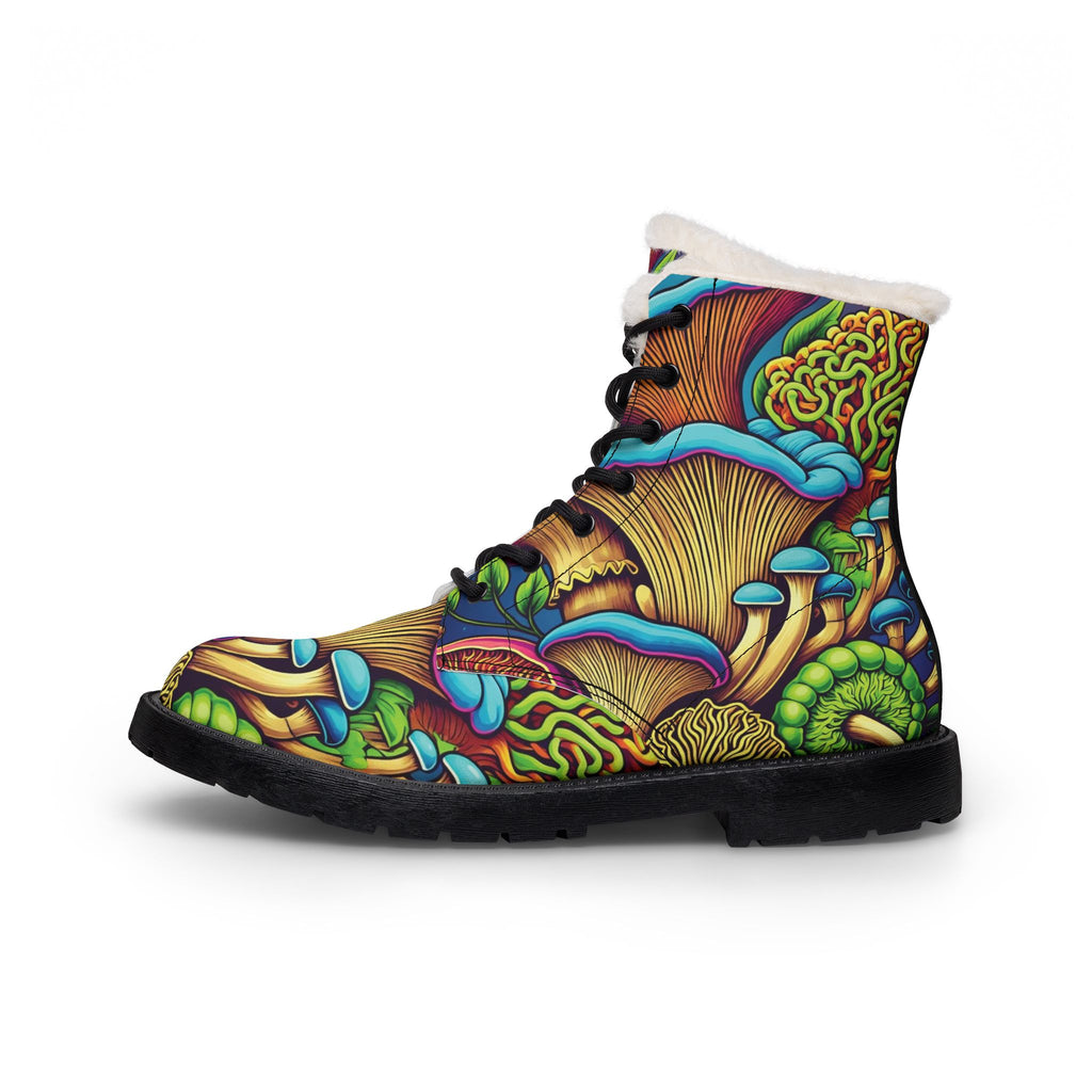 Boots: Synthetic Leather Boots: Women's Fur-Lined Leather Boots — Colorful Psychedelic Mushroom Print