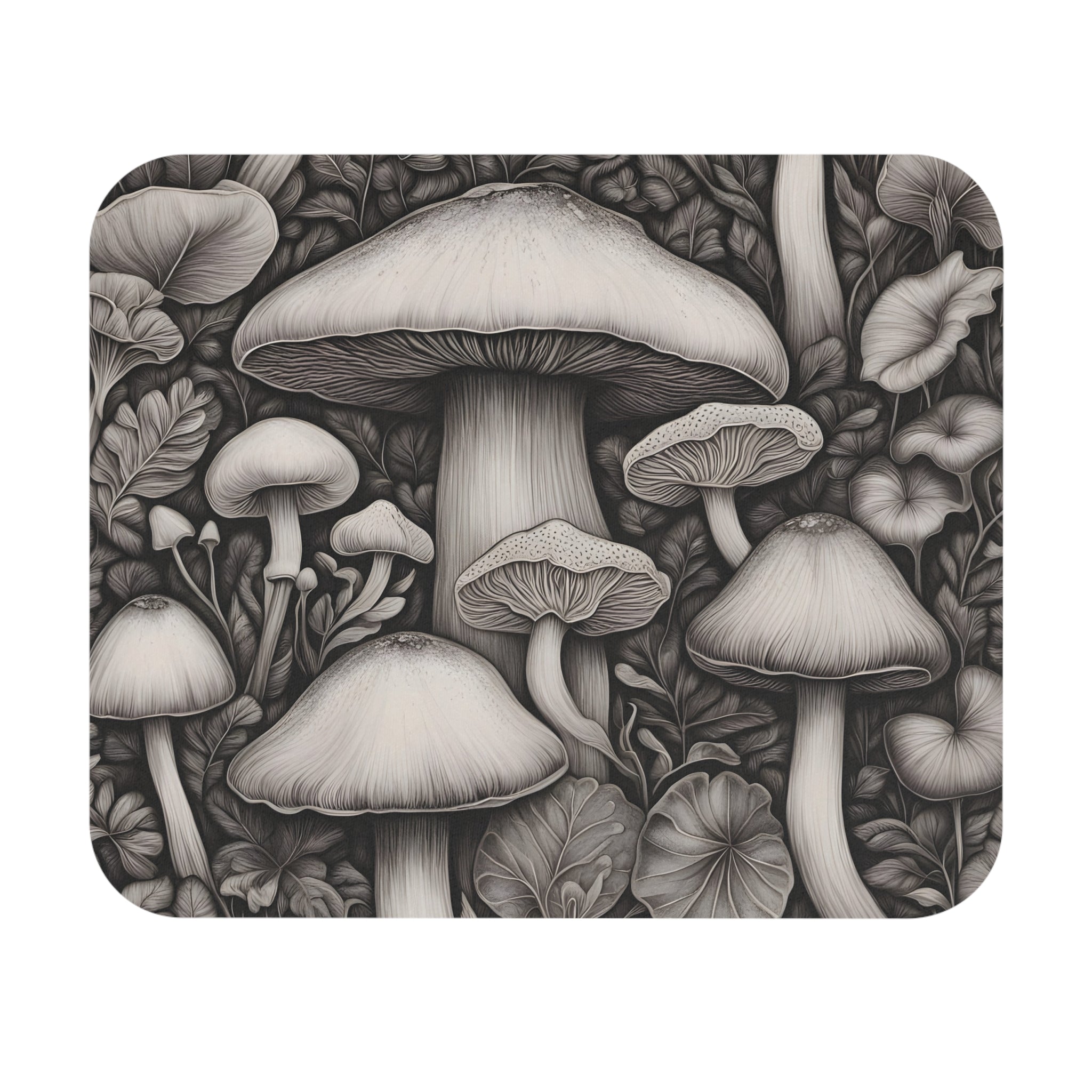 Mouse Pad: Monochrome Mushroom Garden Mouse Pad — Botanical Desk Accessory