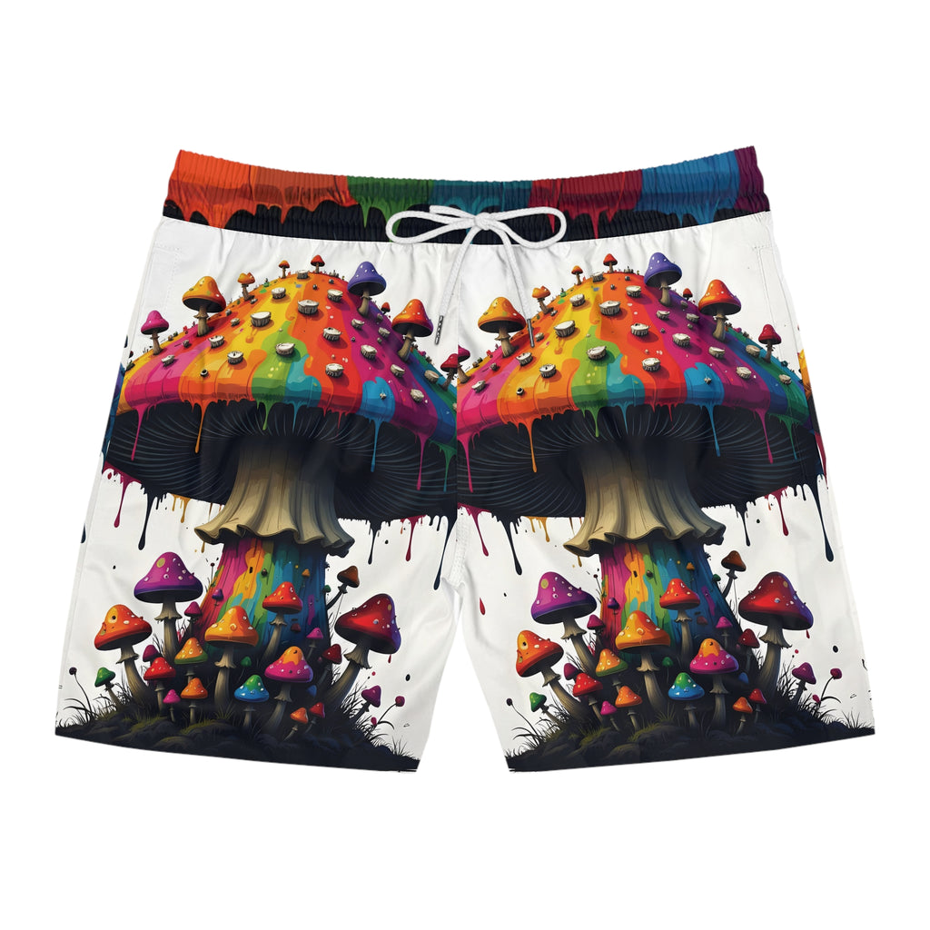 Psychedelic Rainbow Mushroom Swim Shorts — Men's Mid-Length Beach Trunks