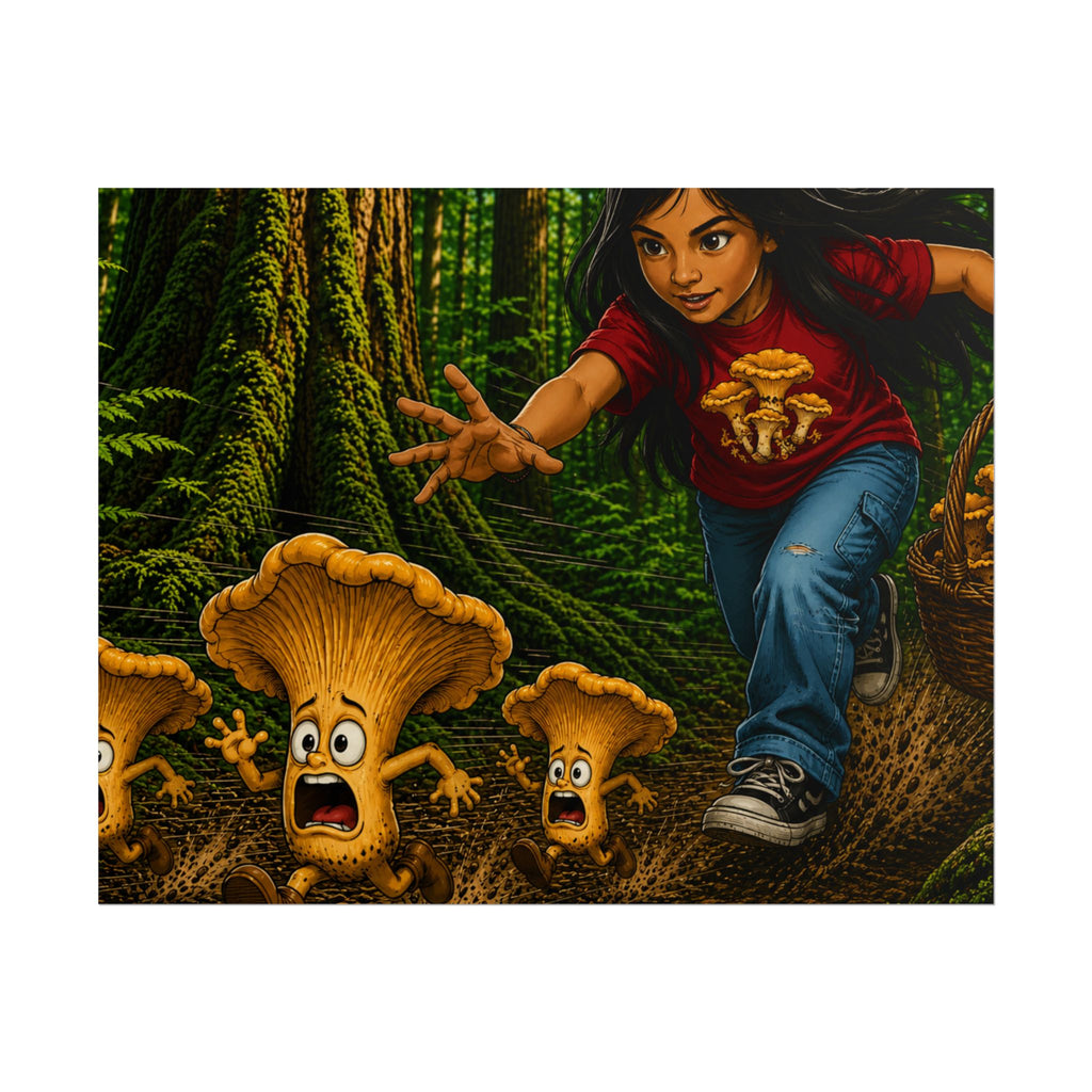 Rolled Poster: Girl Chasing Animated Mushrooms Forest Art Print