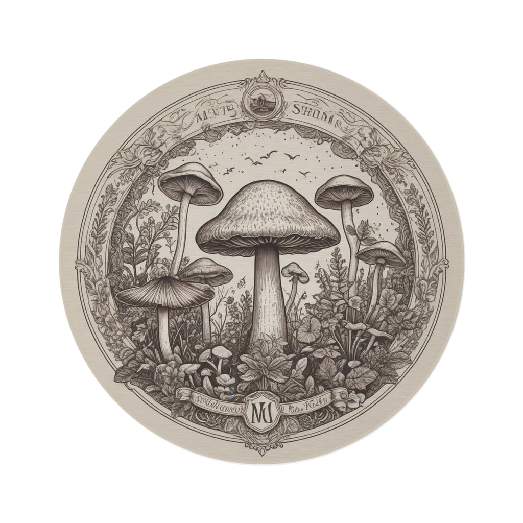 Bohemian Mushroom Round Rug – Vintage Botanical Fungi Illustration